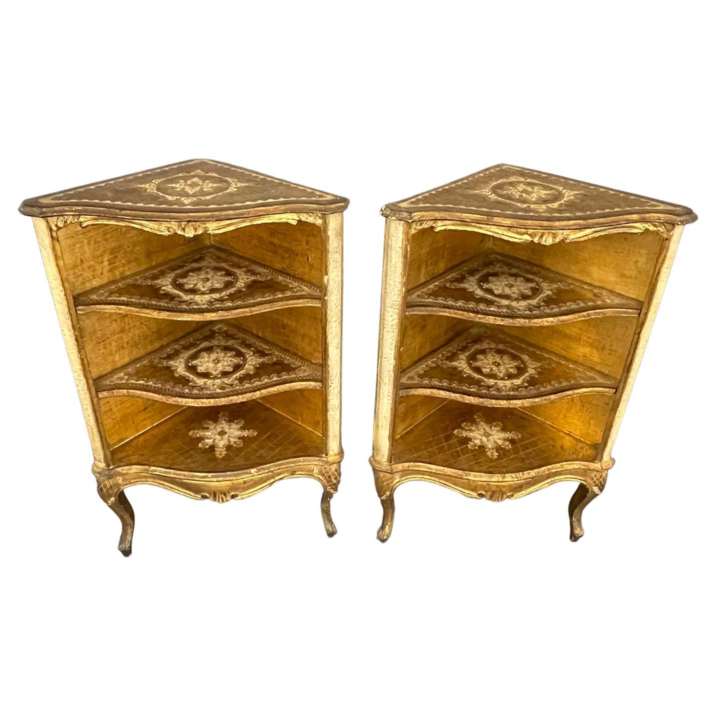 Pair of Italian Florentine Corner Console Side Table, circa 1940s For Sale