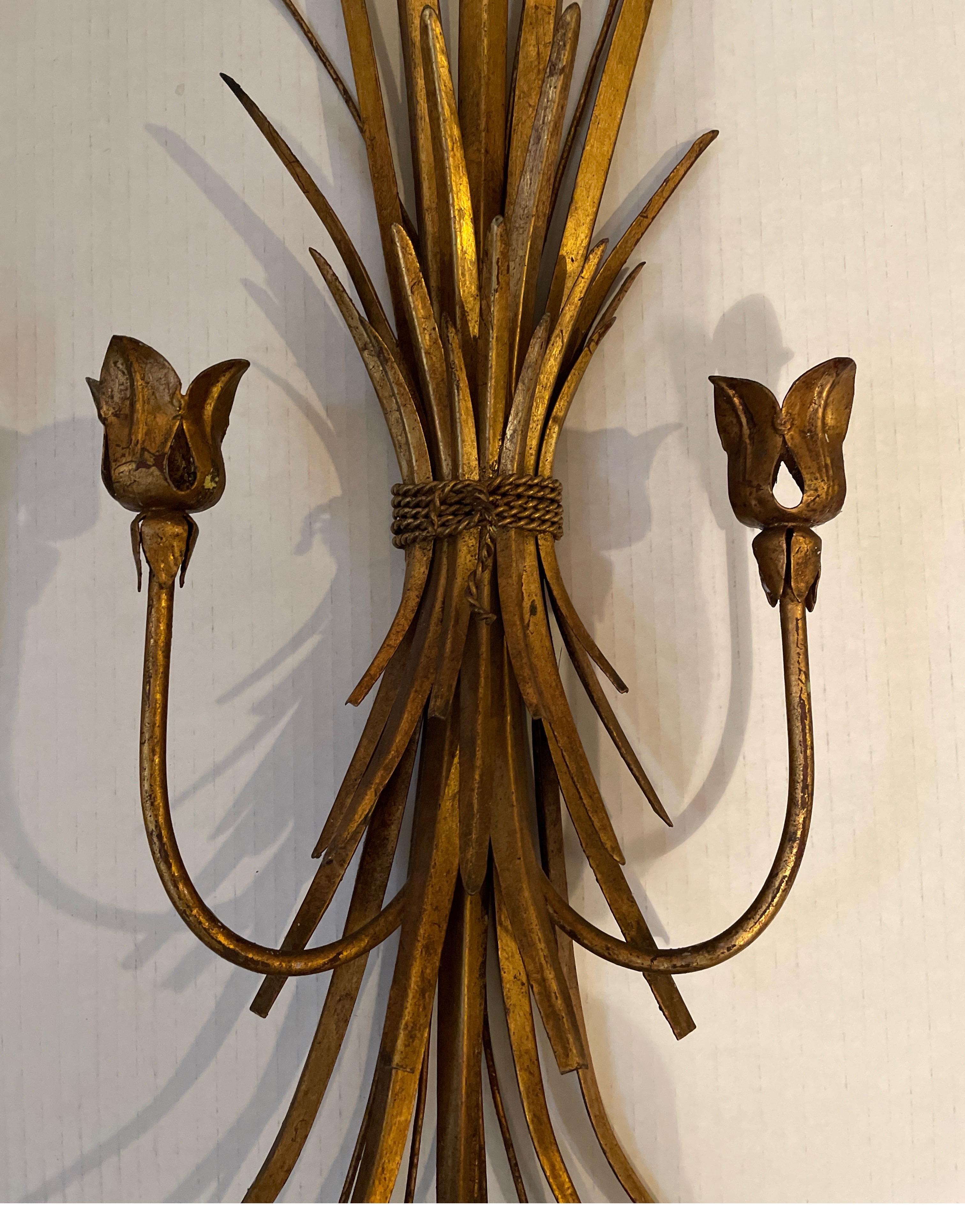 Pair of Italian Gilt Gold Iron and Tole Wheat Sheaf Candle Sconces In Good Condition In Chicago, IL