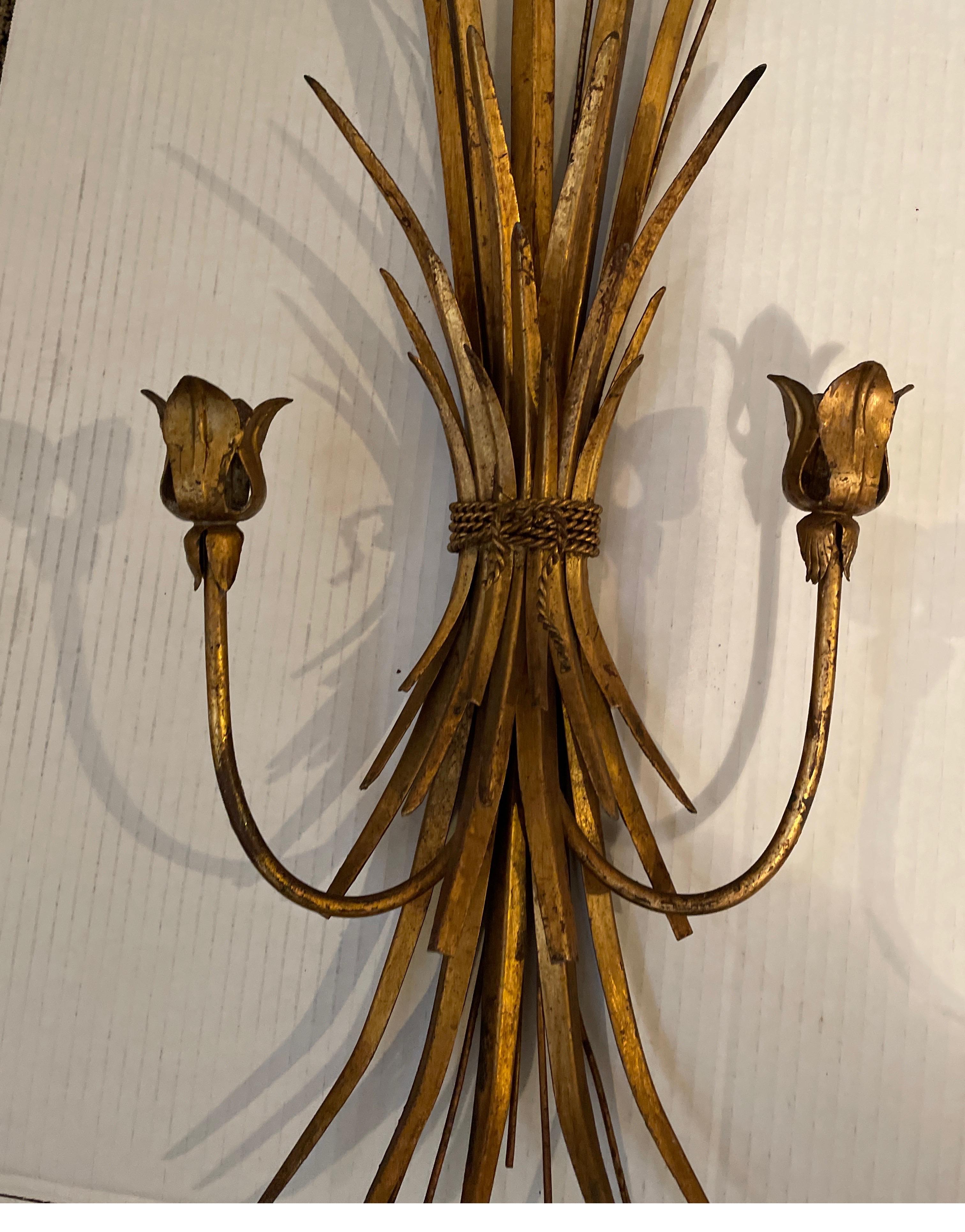 Pair of Italian Gilt Gold Iron and Tole Wheat Sheaf Candle Sconces 2