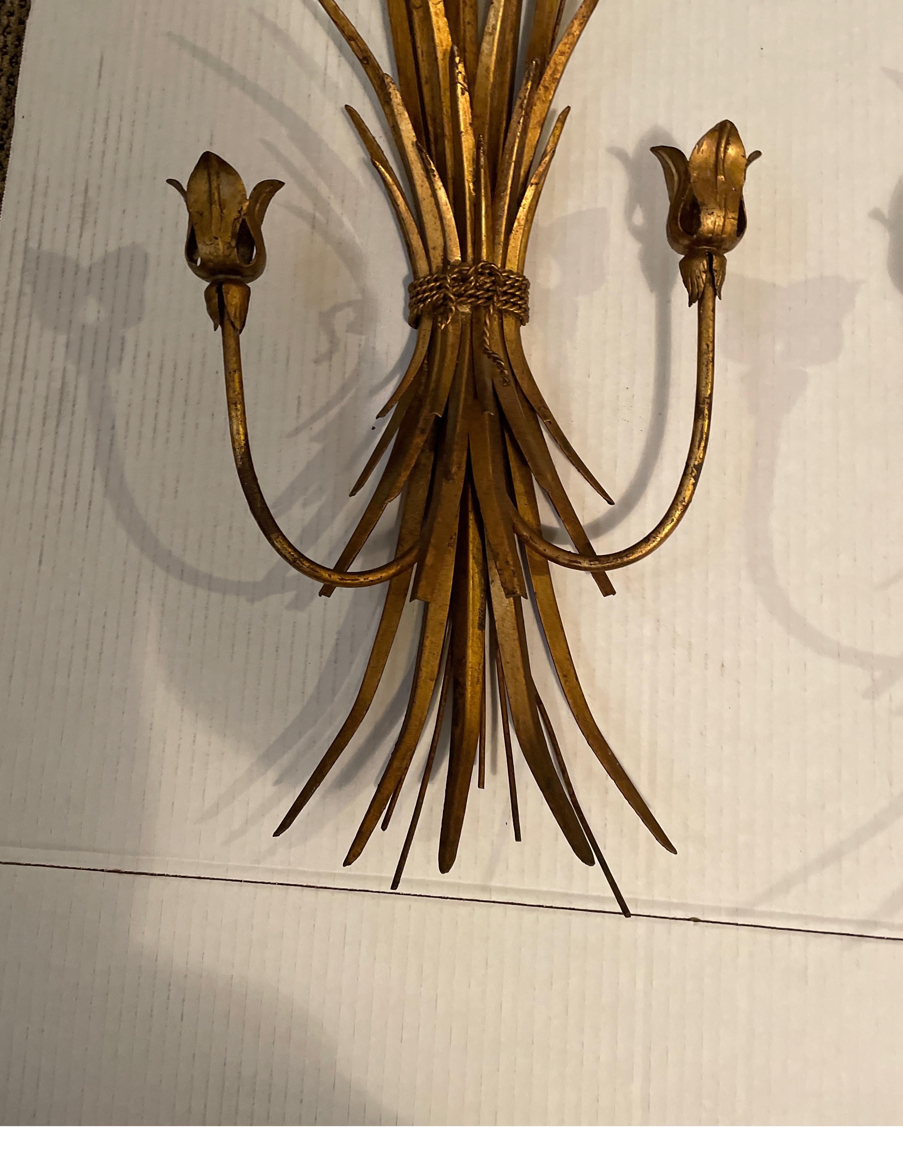 Pair of Italian Gilt Gold Iron and Tole Wheat Sheaf Candle Sconces 3