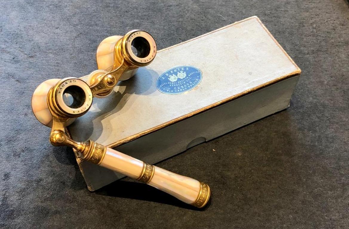 SHIPPING POLICY:
No additional costs will be added to this order.
Shipping costs will be totally covered by the seller (customs duties included). 

A pair of French gilt metal mounted mother of pearl opera glasses 
late 19th-early 20th century
By