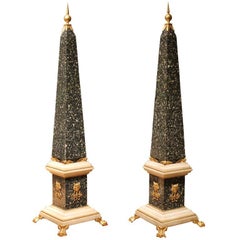 Antique Italian Empire Period Green Porphyry and Carrara Marble Ormolu Mounts Obelisks 