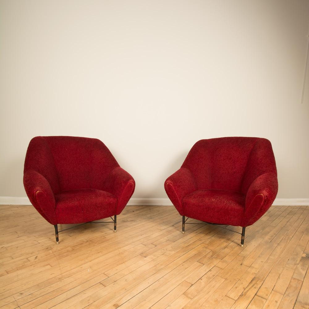 A Pair of Italian Iron and Brass Upholstered Club Chairs, circa 1945. In Good Condition In Philadelphia, PA