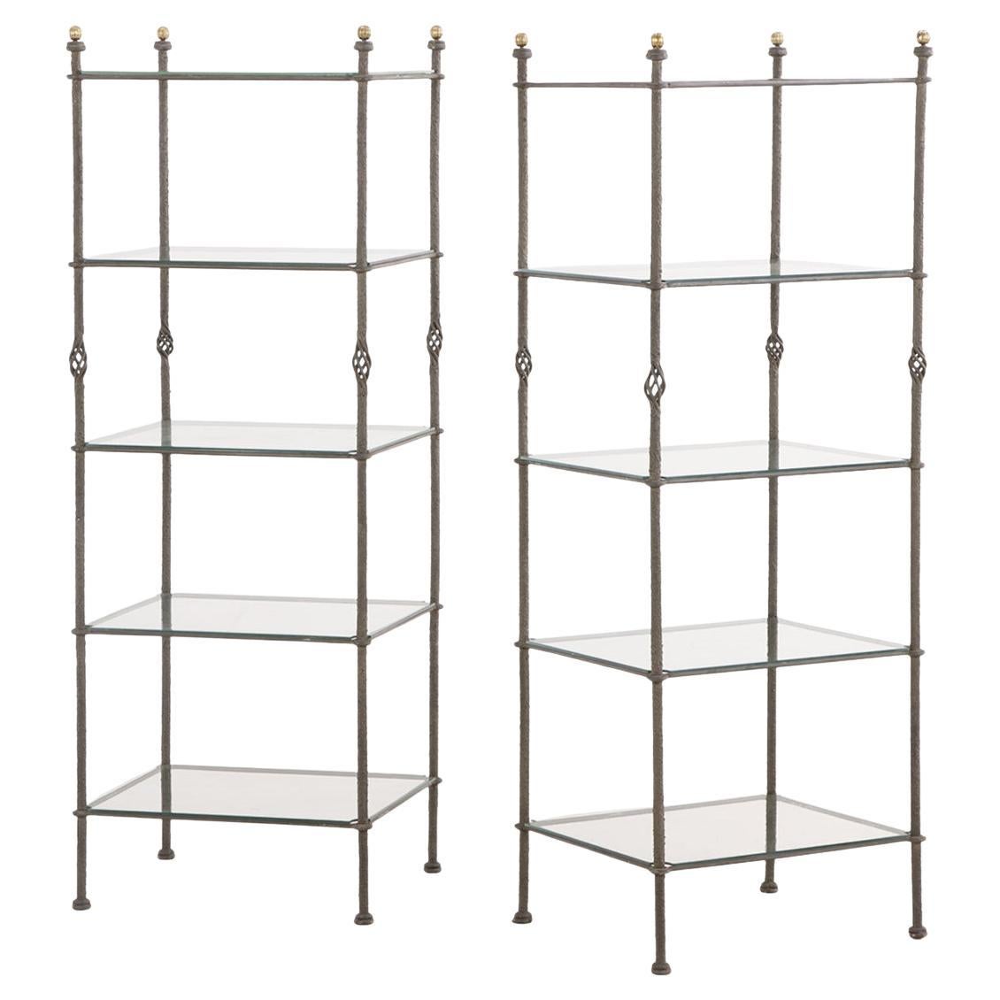 A Pair of Italian Iron Étagères with Glass Shelves, In the manner of Giacometti.
