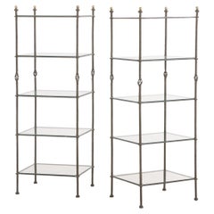 A Pair of Italian Iron Étagères with Glass Shelves, In the manner of Giacometti.