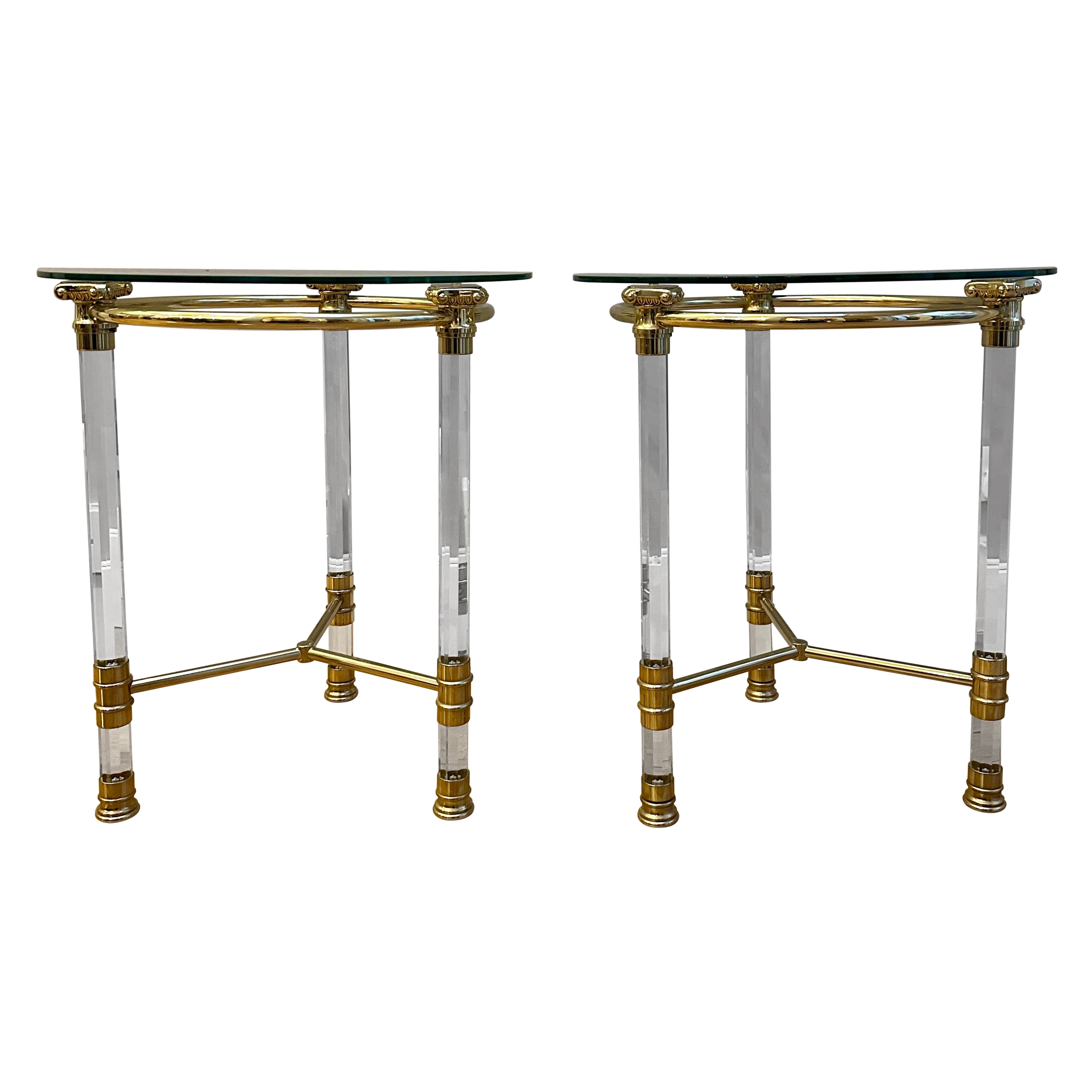 A Pair Of Italian Lucite and Lacquered Brass Side Tables im Angebot