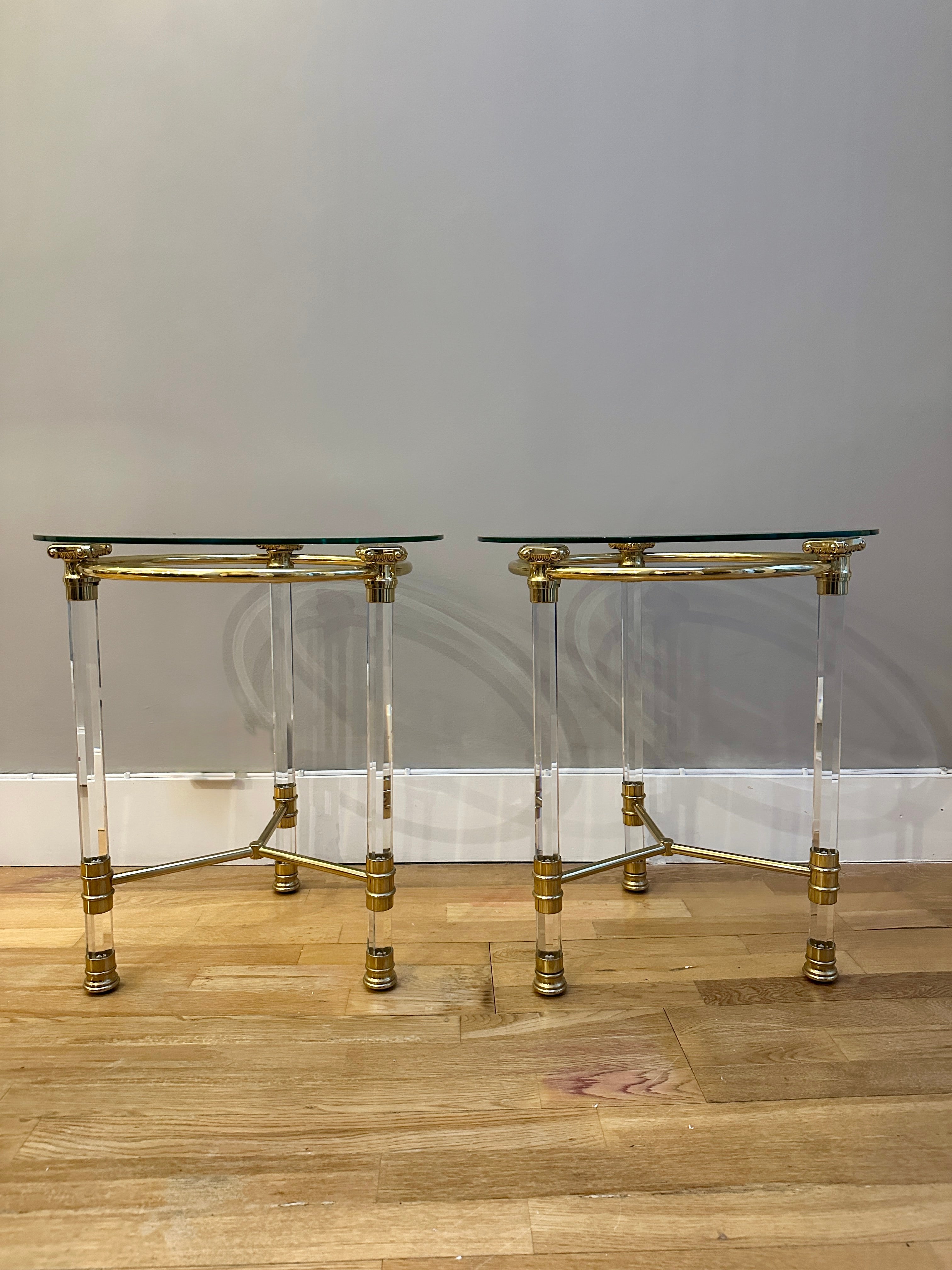 A Pair Of Italian Lucite and Lacquered Brass Side Tables For Sale