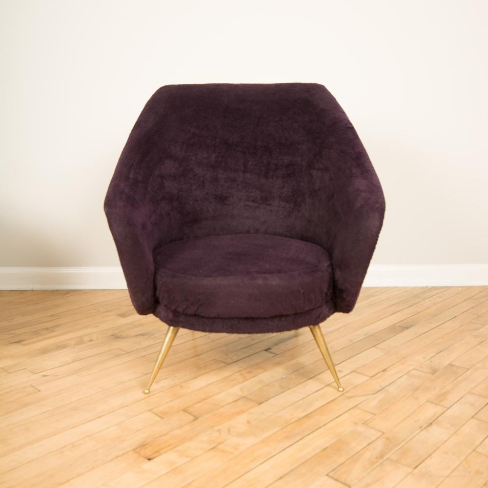 A Mid Century  Italian Marco Zanuso style purple armchair circa 1950 with brass legs and great shape.