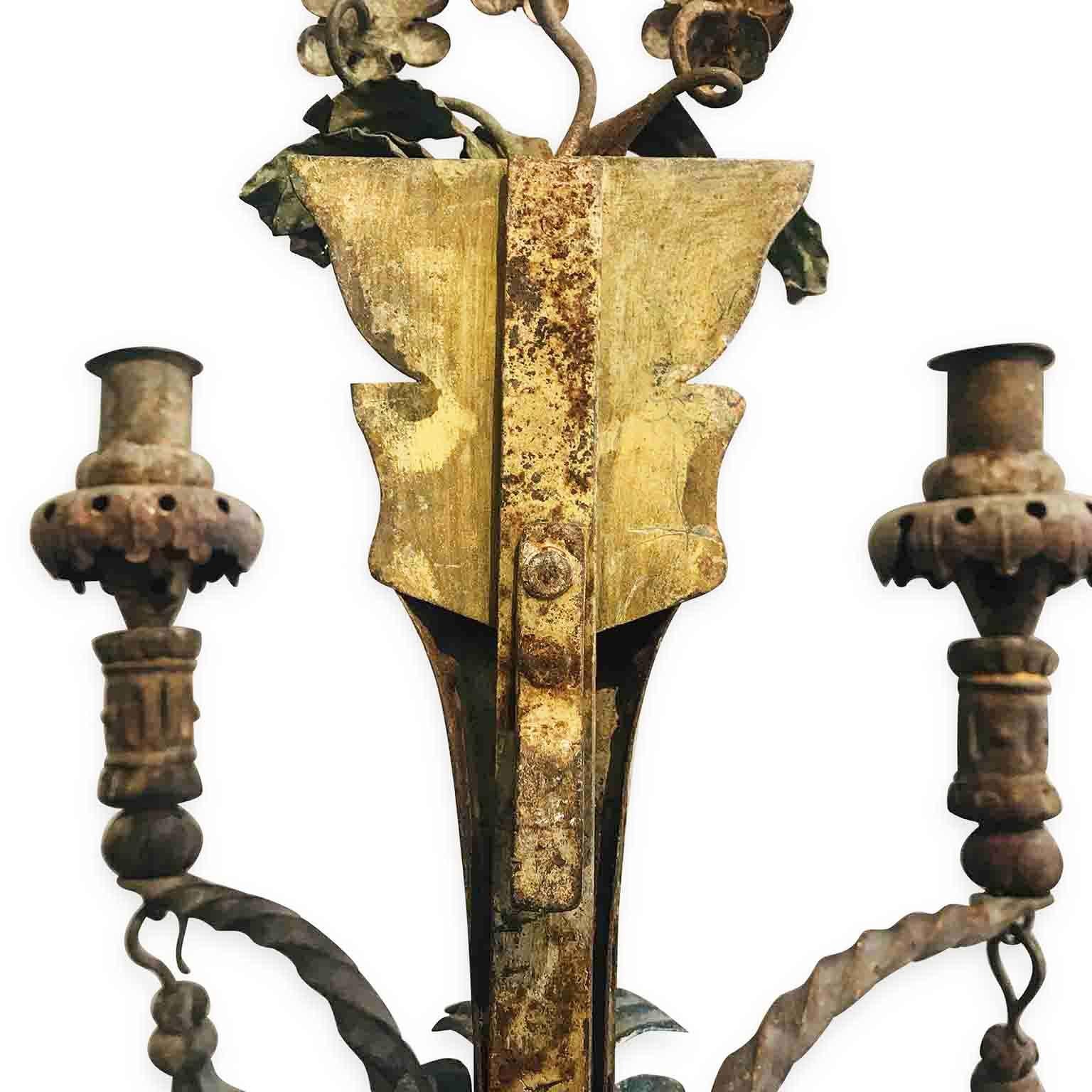 Pair of 19th-Century Italian Floral Sconces Hand-Forged Wrought Iron Wall Lights 1