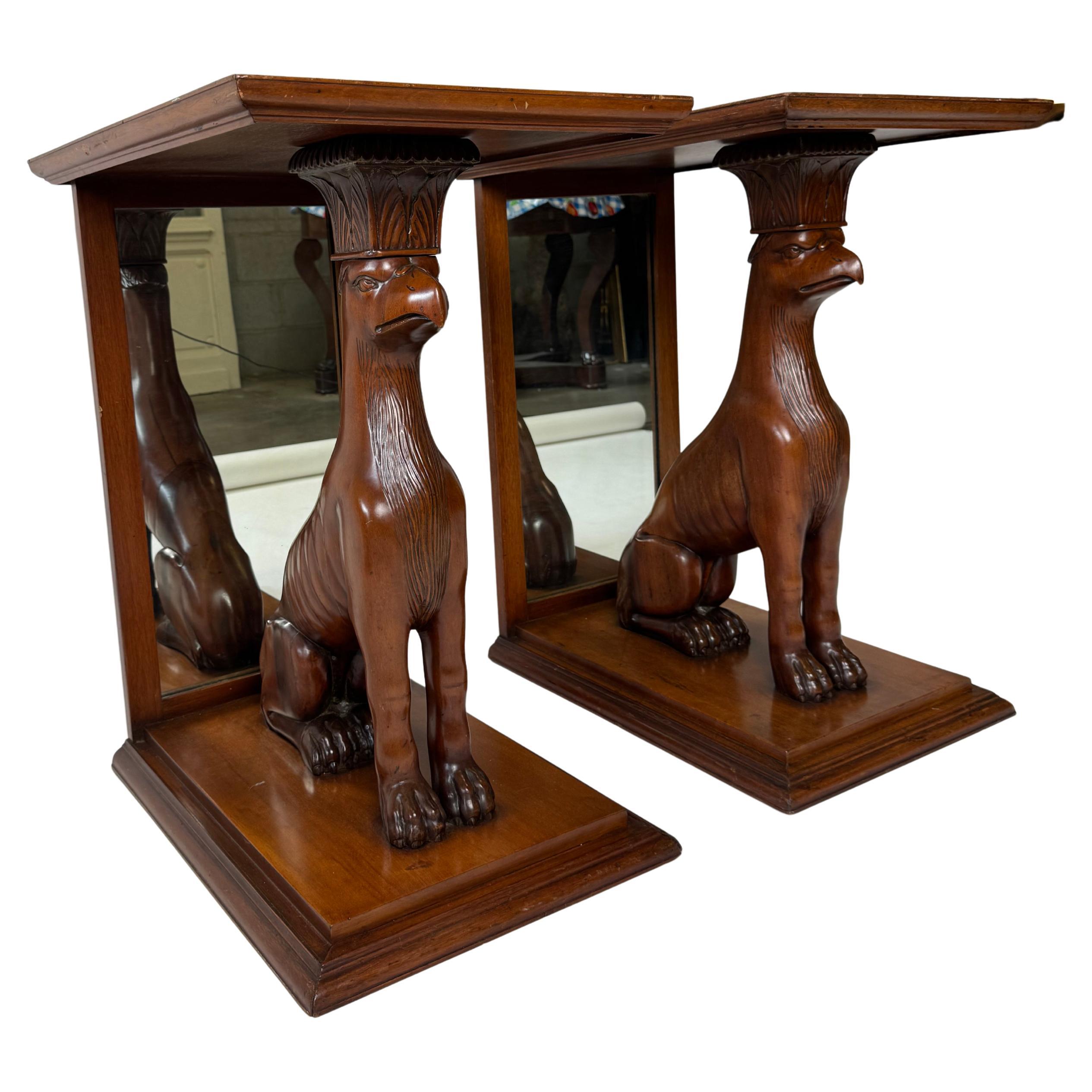 A Pair of Italian Mid Century Mahogany End Tables with Griffins and Mirror