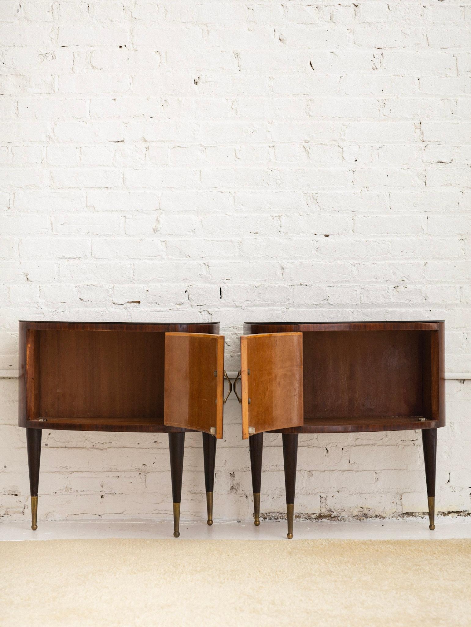 Pair of Italian Mid Century Wood Inlay Nightstands in the Style of Paolo Buffa In Fair Condition In Brooklyn, NY