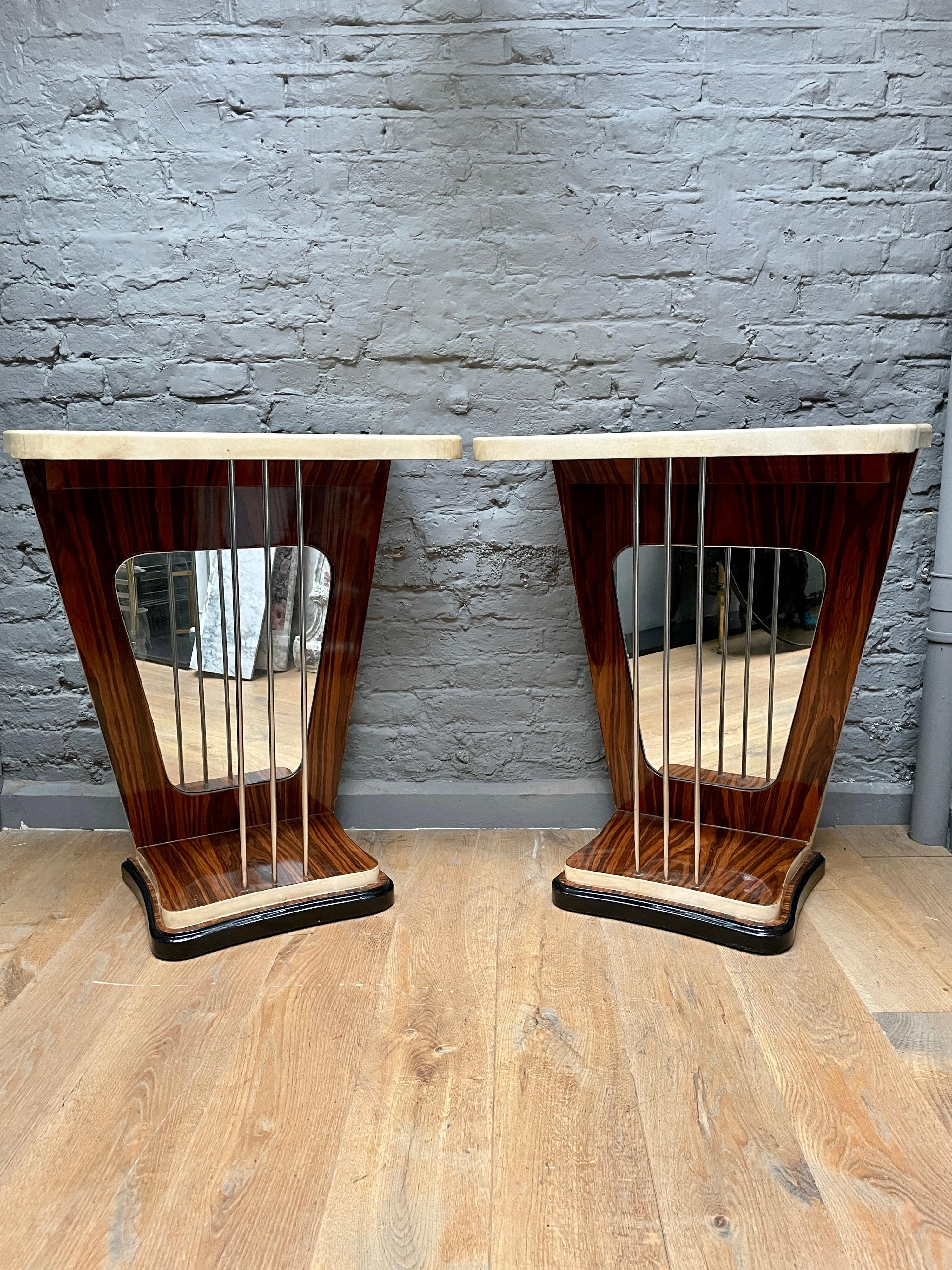 Mid-Century Modern Pair of Italian Mirrored and Lacquered Goatskin Console Tables For Sale