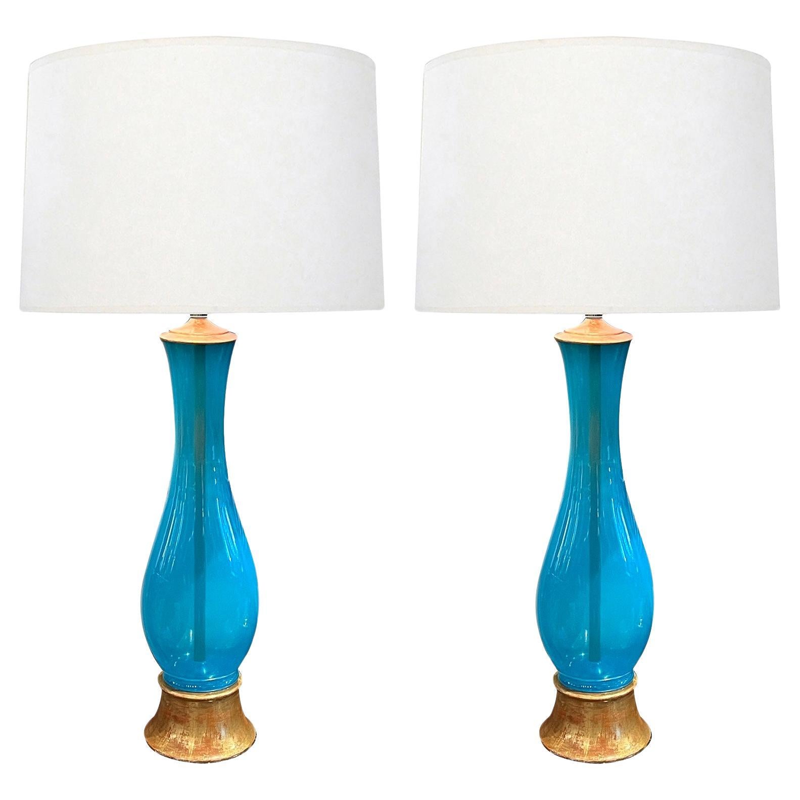 A Pair of Italian Murano Hand-blown Bottle-form Art Glass Lamps