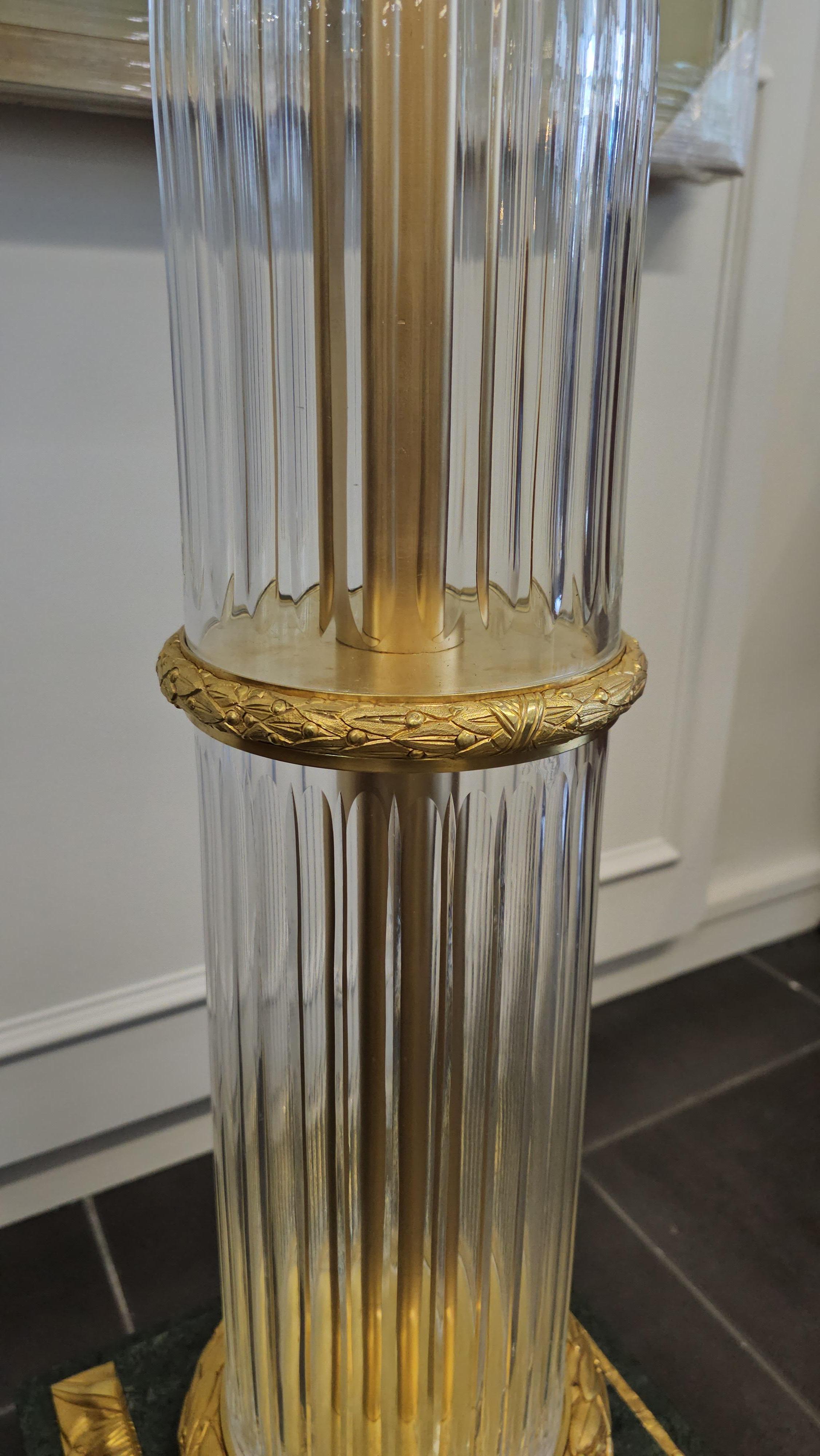 Pair of Neoclassical Style French Crystal and Dore Bronze Pedestals with Marble For Sale 1