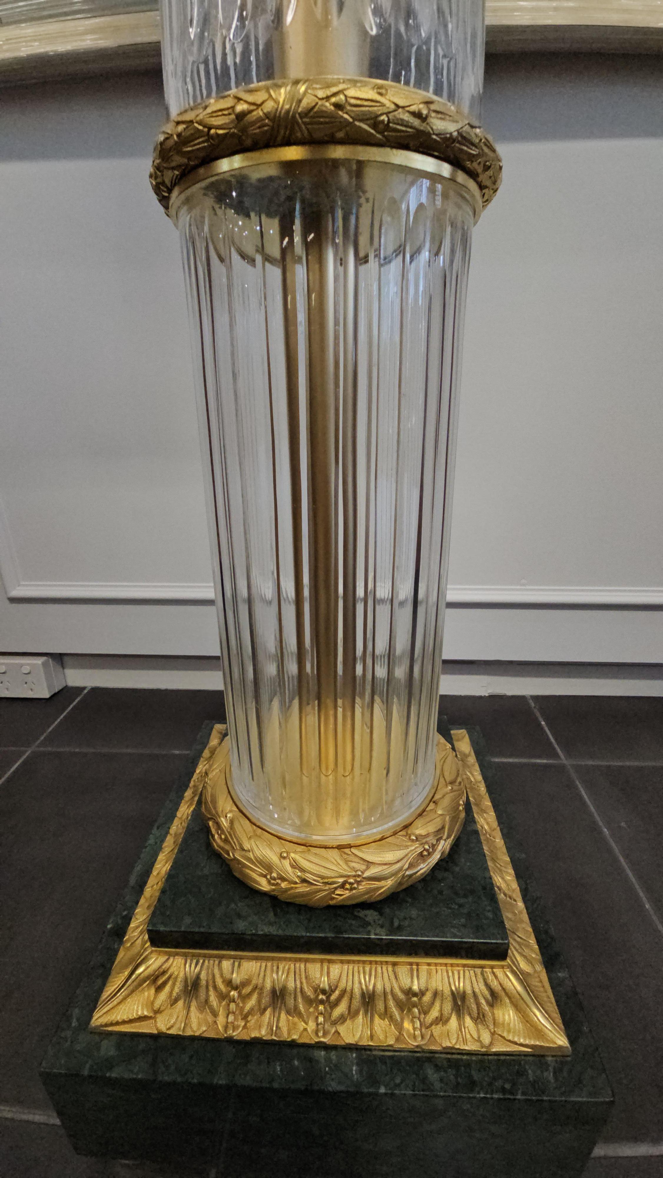 Pair of Neoclassical Style French Crystal and Dore Bronze Pedestals with Marble For Sale 2