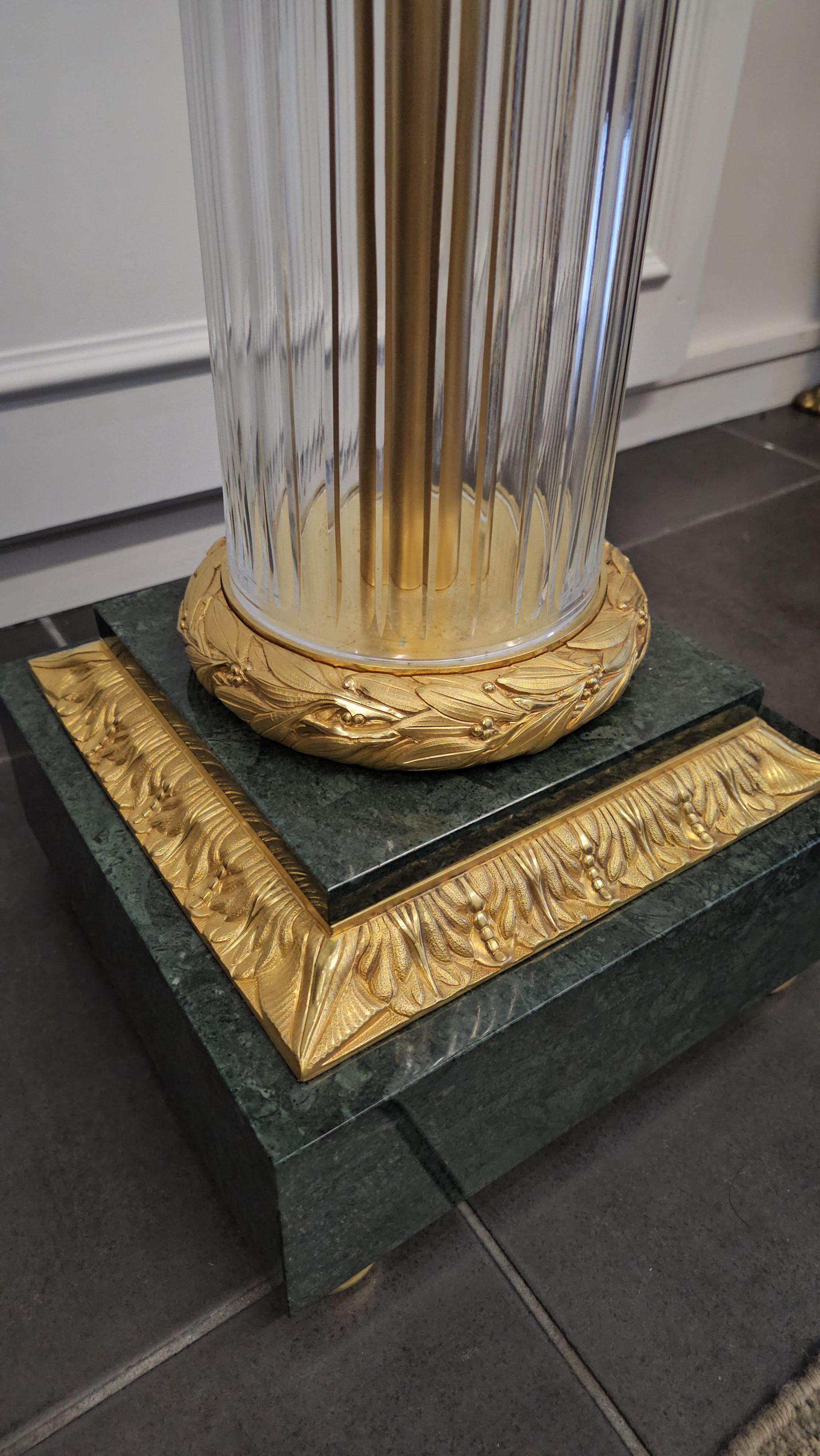 Pair of Neoclassical Style French Crystal and Dore Bronze Pedestals with Marble For Sale 3