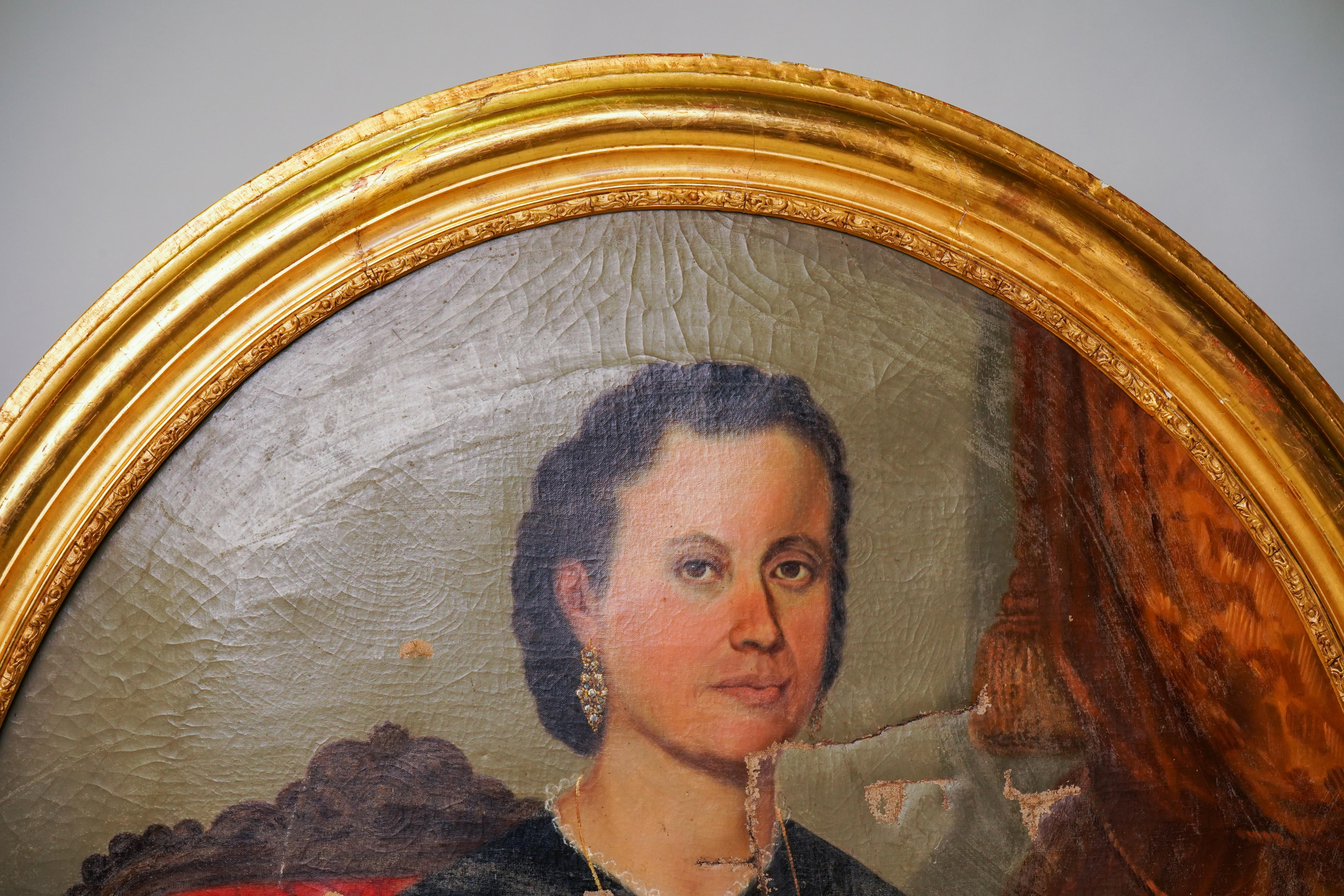 Paire de portraits à l'huile italiens avec cadres en bois et dorés en vente 5