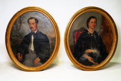 Pair of Italian Oil Portraits with Wood and Gilt Frames