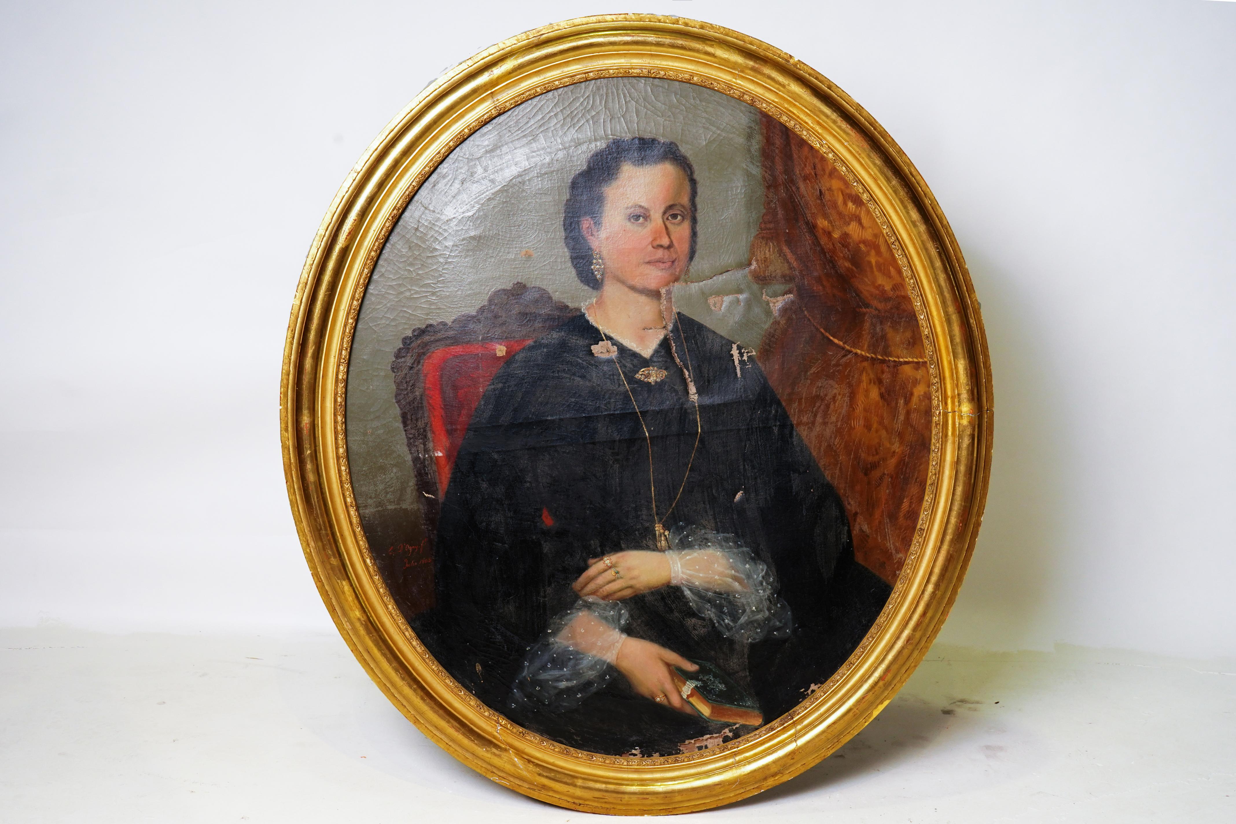 Pair of Italian Oil Portraits with Wood and Gilt Frames In Good Condition For Sale In Chicago, IL