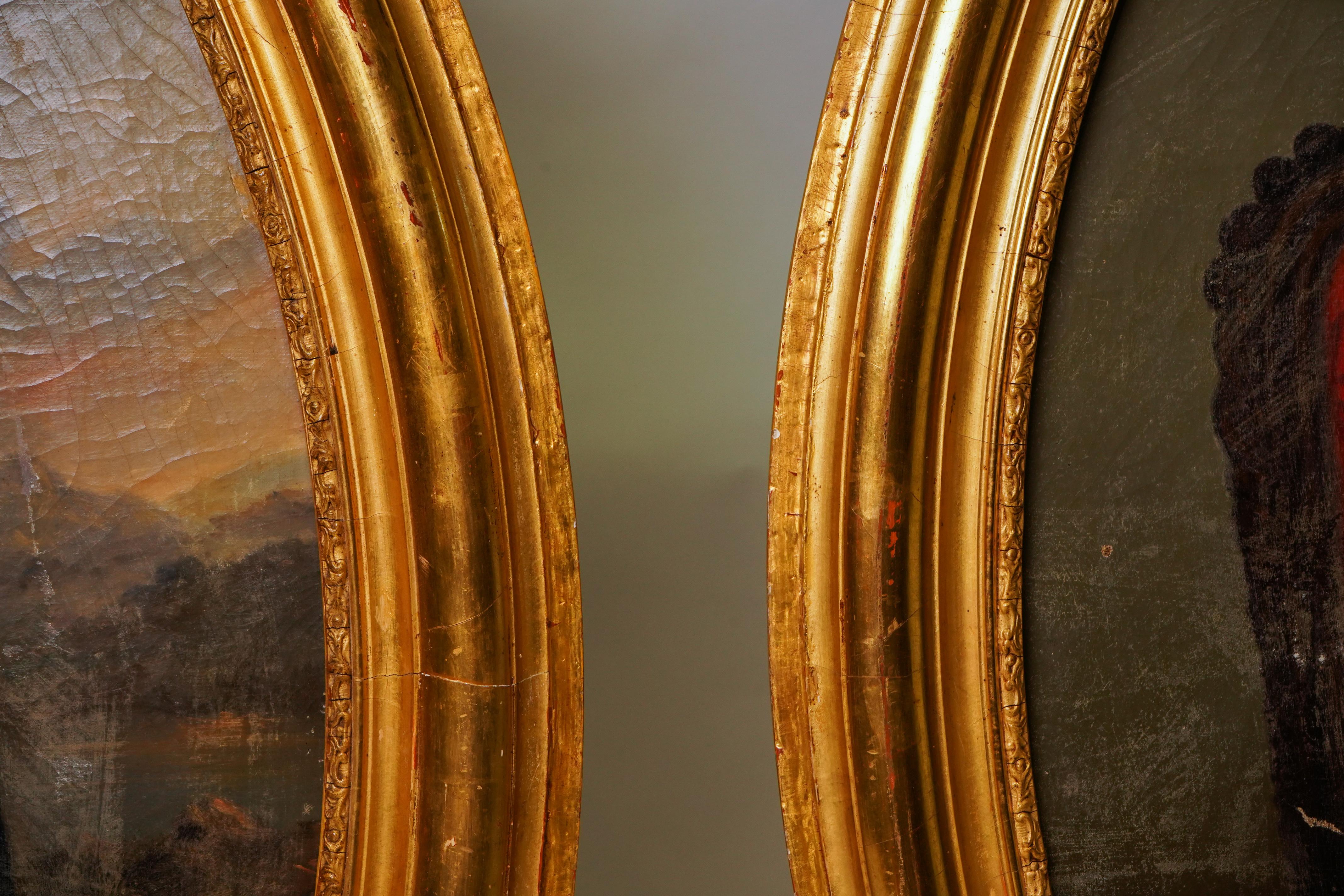 Paire de portraits à l'huile italiens avec cadres en bois et dorés en vente 3