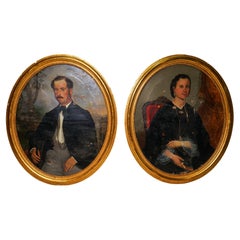 Pair of Italian Oil Portraits with Wood and Gilt Frames