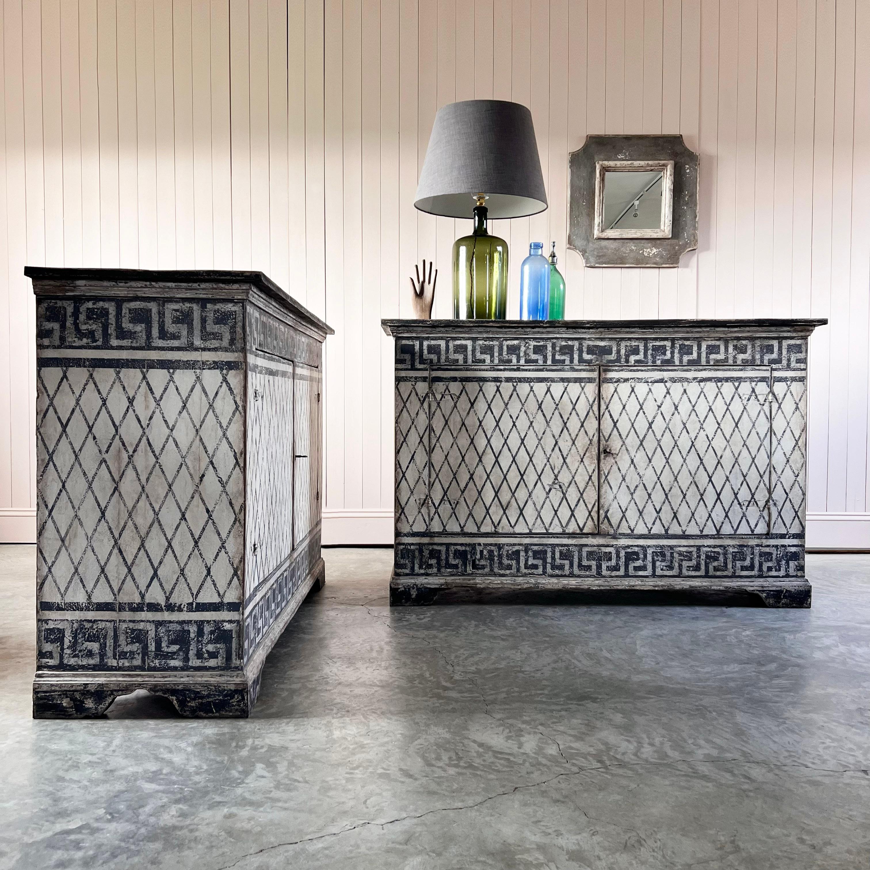 This pair of 19th Century Italian sideboards are original in their provenance but they have been recently repainted and restored inside and out by our friend Giorgio, who is based near Turin, Italy.  The sideboards are antique with newly painted