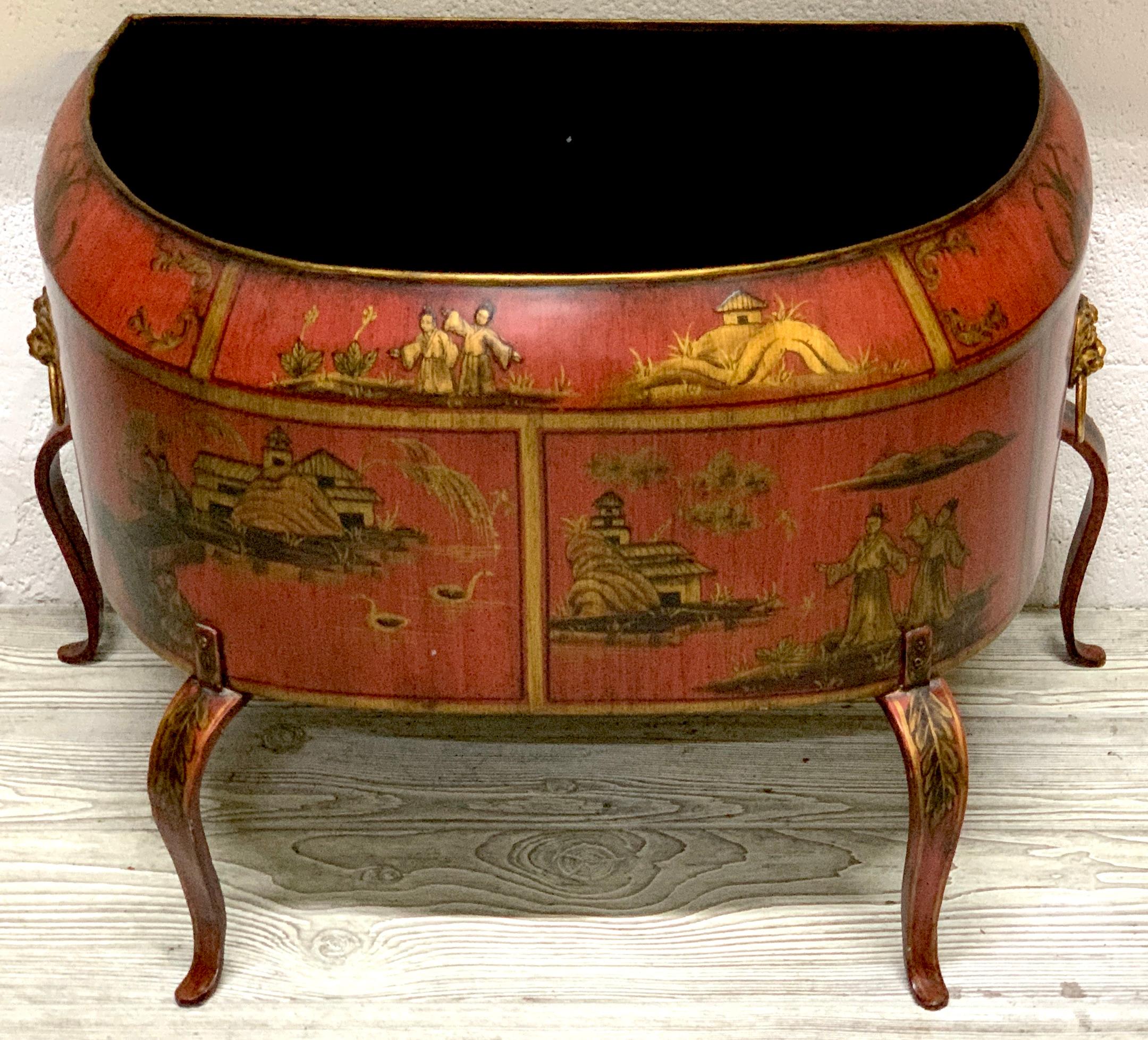 Blackened Pair of Italian Red Tole Chinoiserie Gilt Decorated Floor Planters For Sale