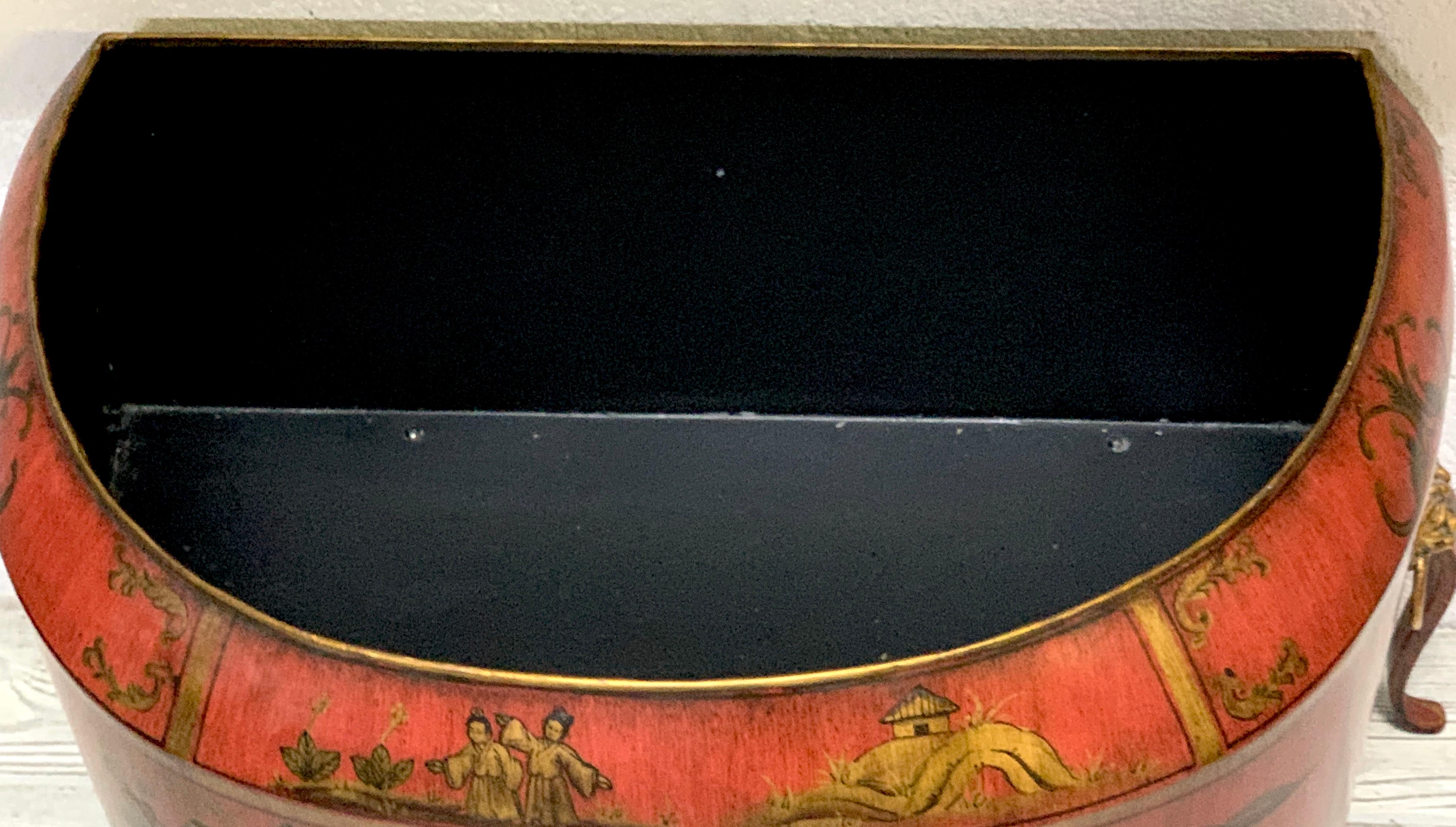 20th Century Pair of Italian Red Tole Chinoiserie Gilt Decorated Floor Planters For Sale