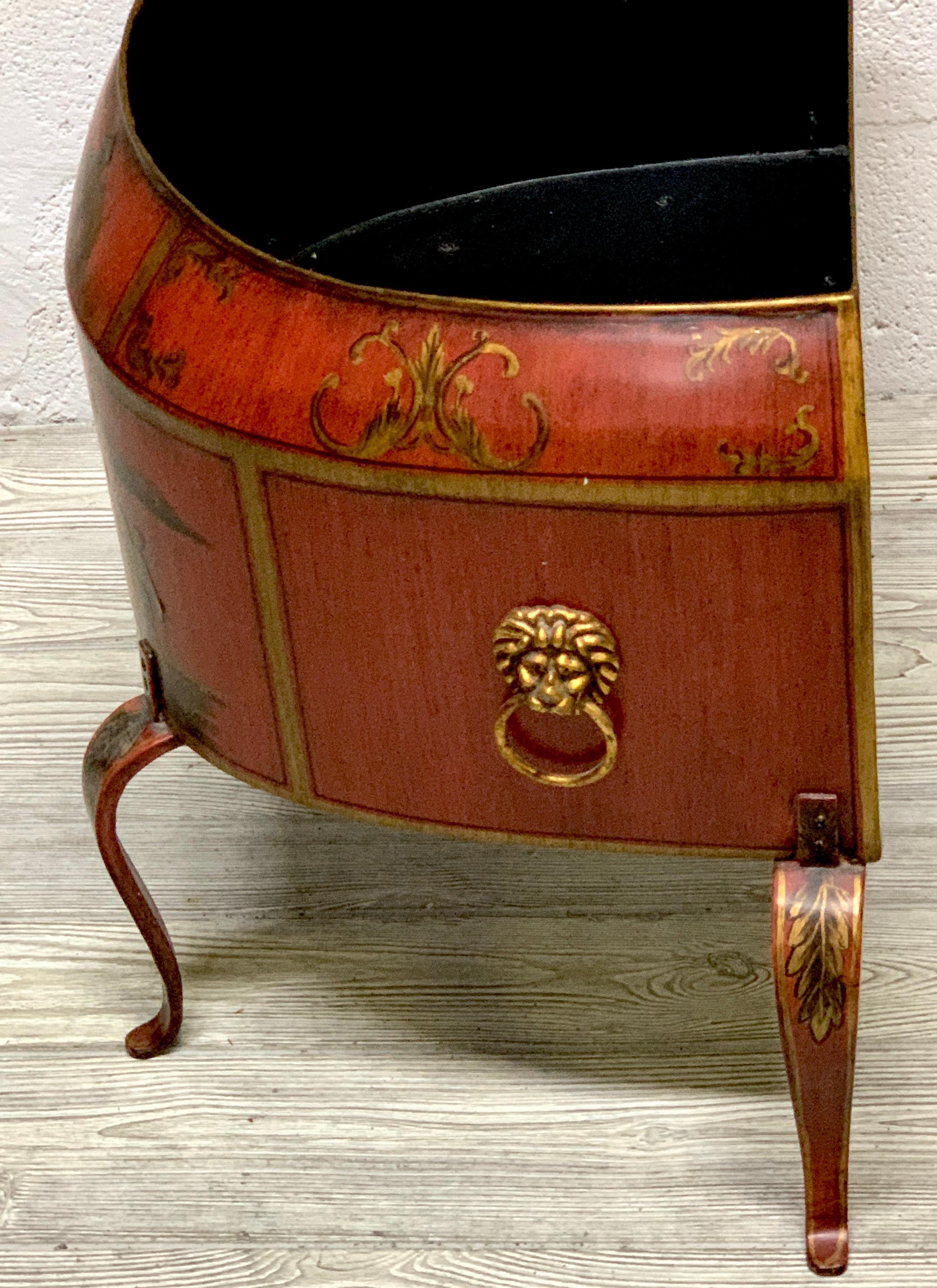 Pair of Italian Red Tole Chinoiserie Gilt Decorated Floor Planters For Sale 3