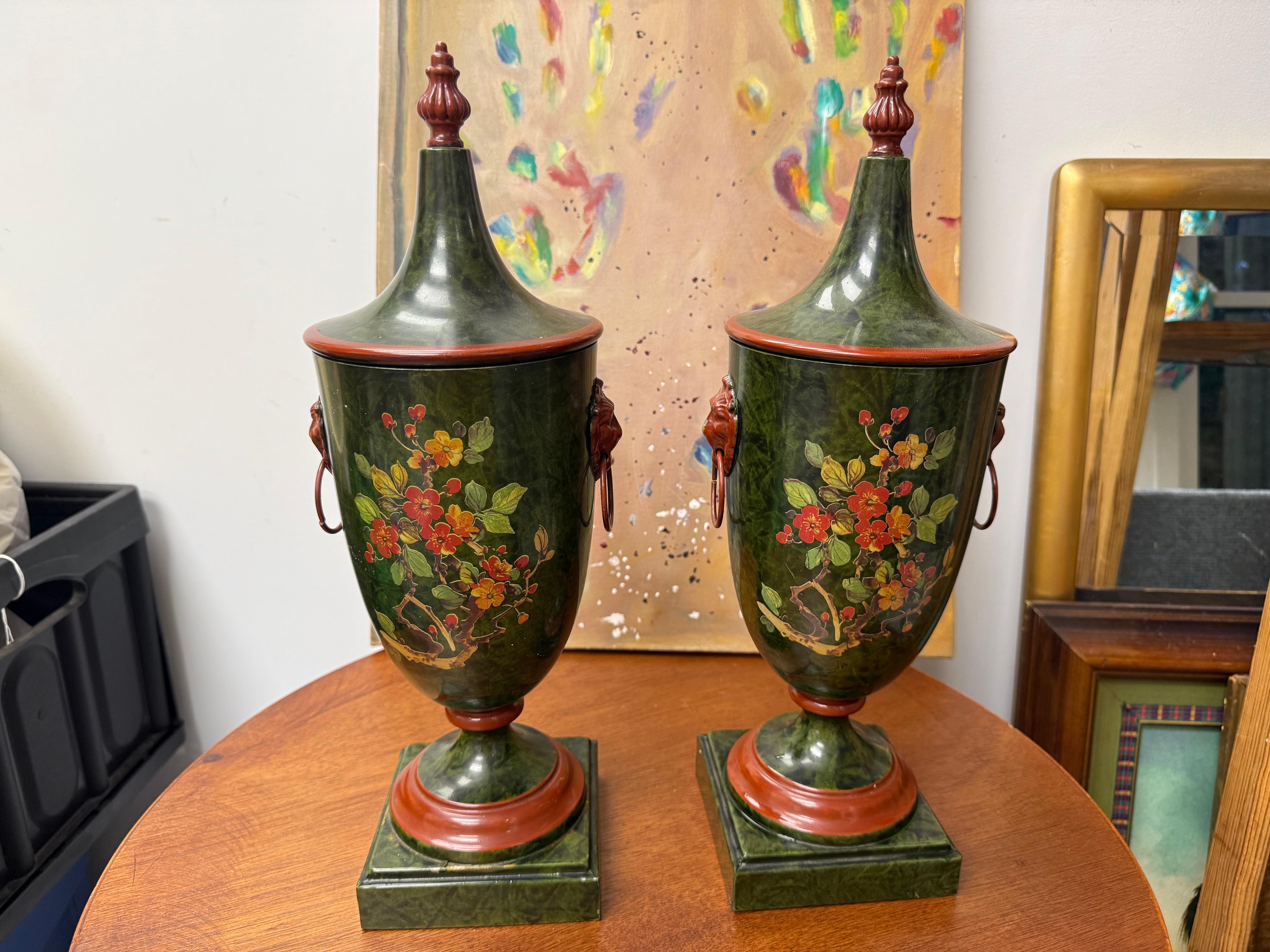 20th Century A Pair of Italian Regency Tole-Peinte Chestnut Urns For Sale