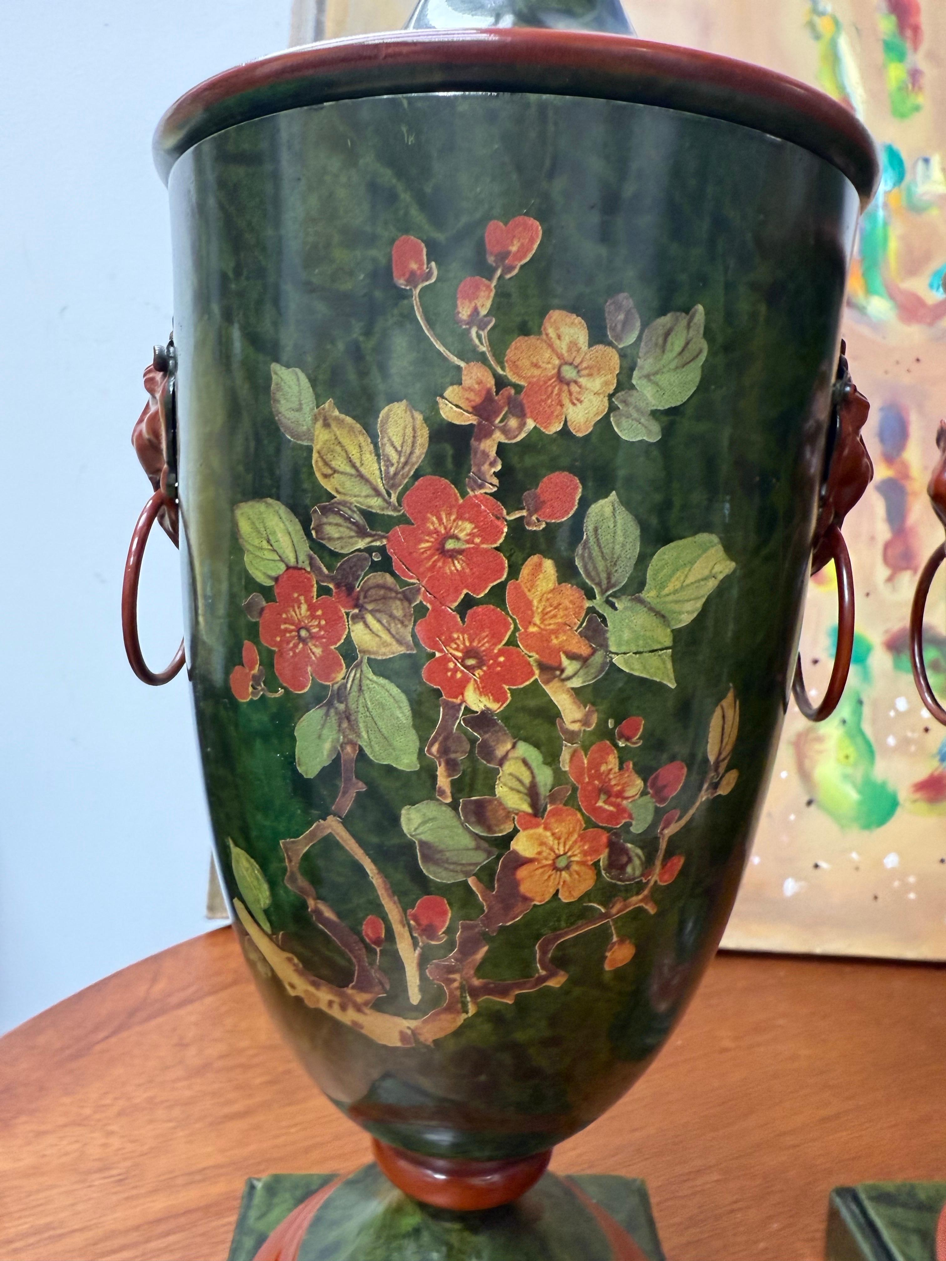 A Pair of Italian Regency Tole-Peinte Chestnut Urns For Sale 1