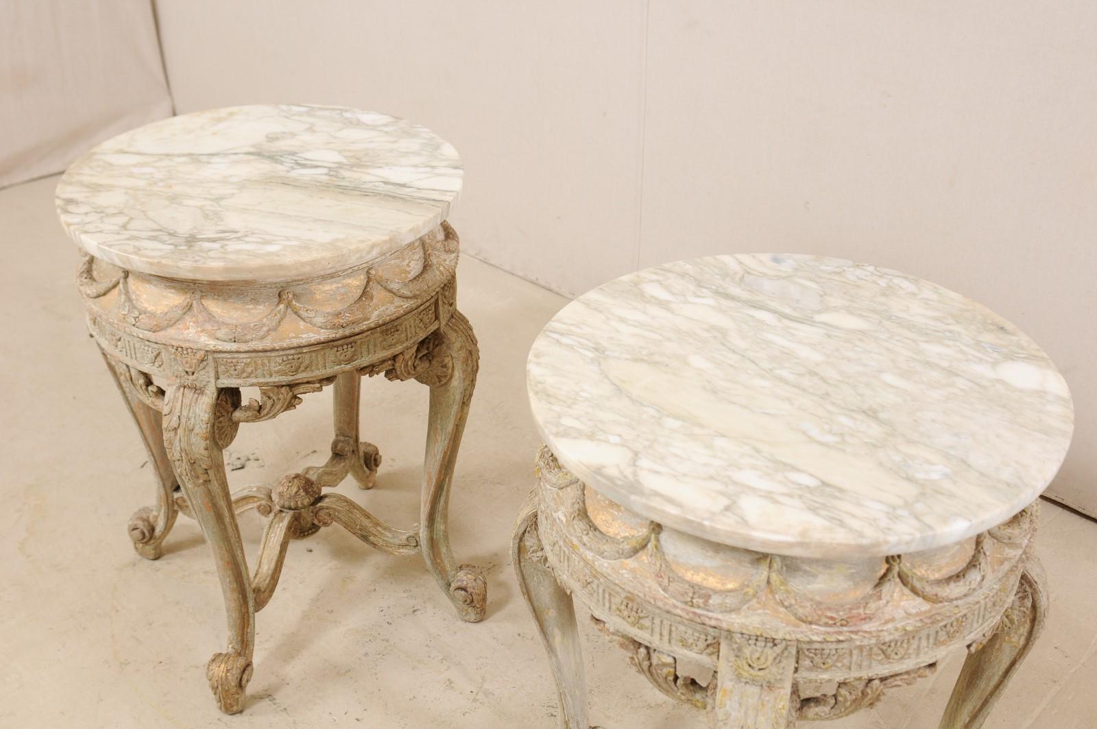 Carved Pair of Italian Rococo Style Marble-Top Side Tables