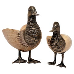 A Pair of Italian Silver Ducks Mounted on Seashells