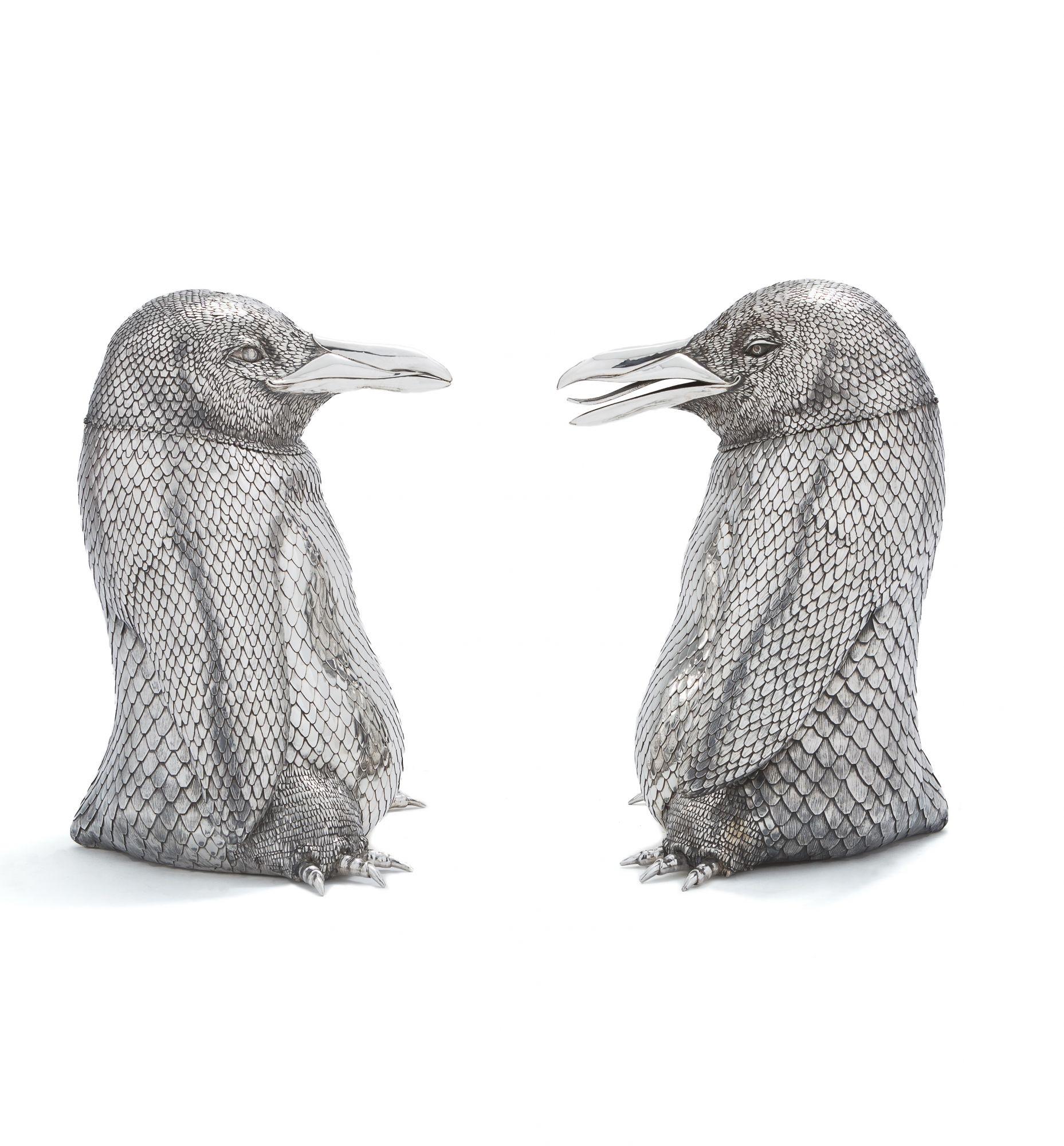 Appliqué Mario Buccellati pair of Italian Silver Penguin-Form Magnum Wine Coolers