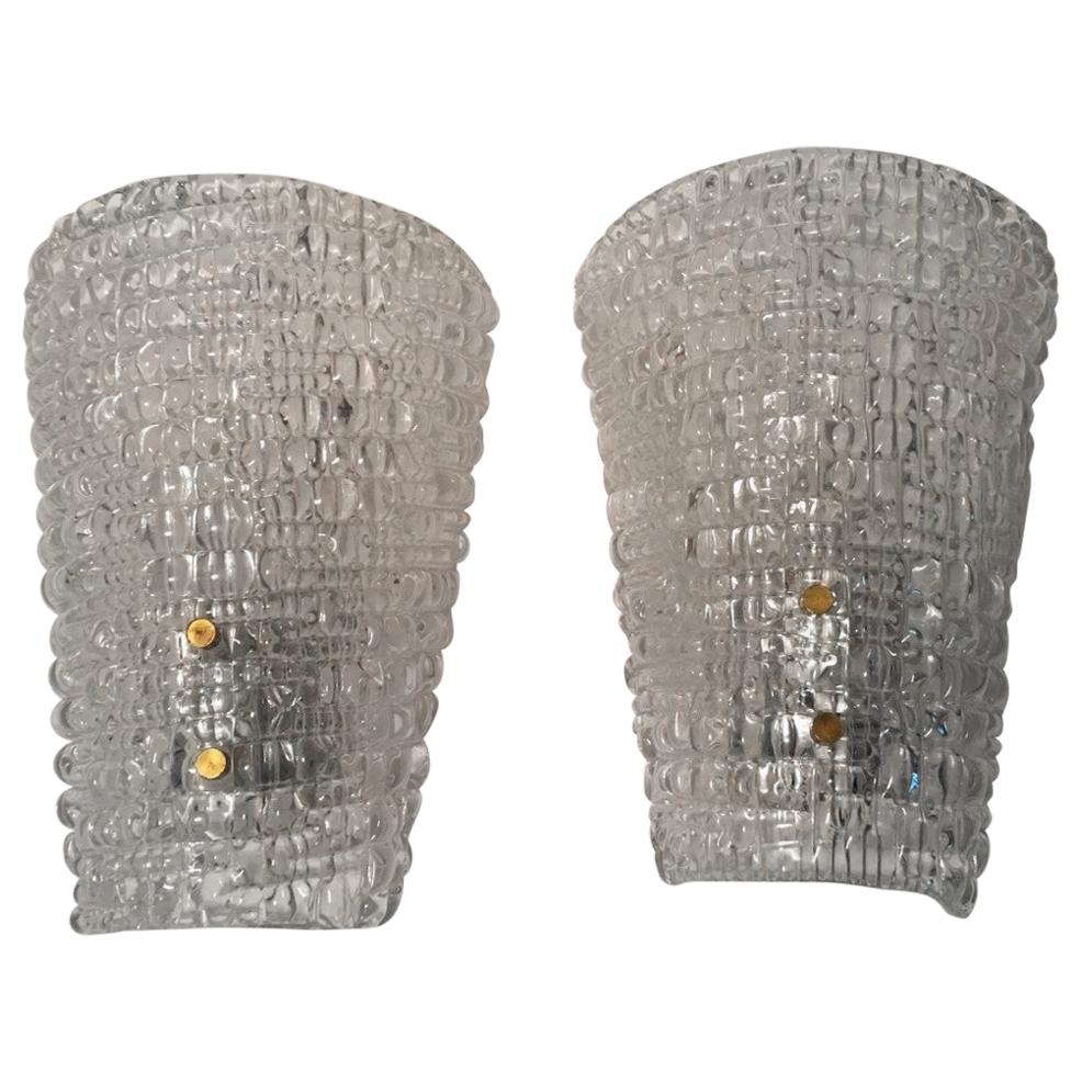 Pair of Italian Structured Ice Glass Sconces, 1960s