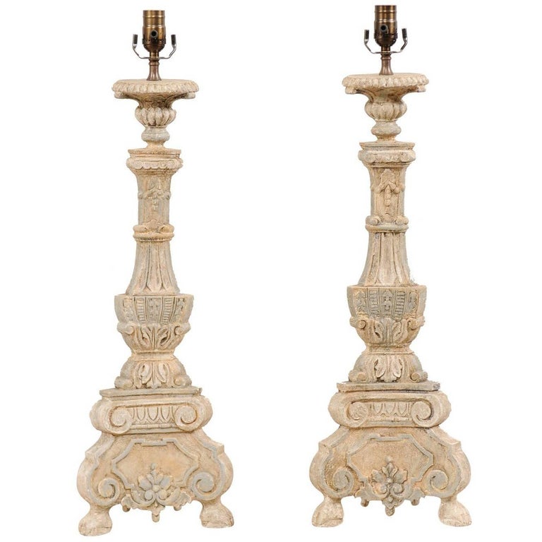 Pair of Italian Style Hand-Carved and Painted Tall Candlestick Table Lamps For Sale