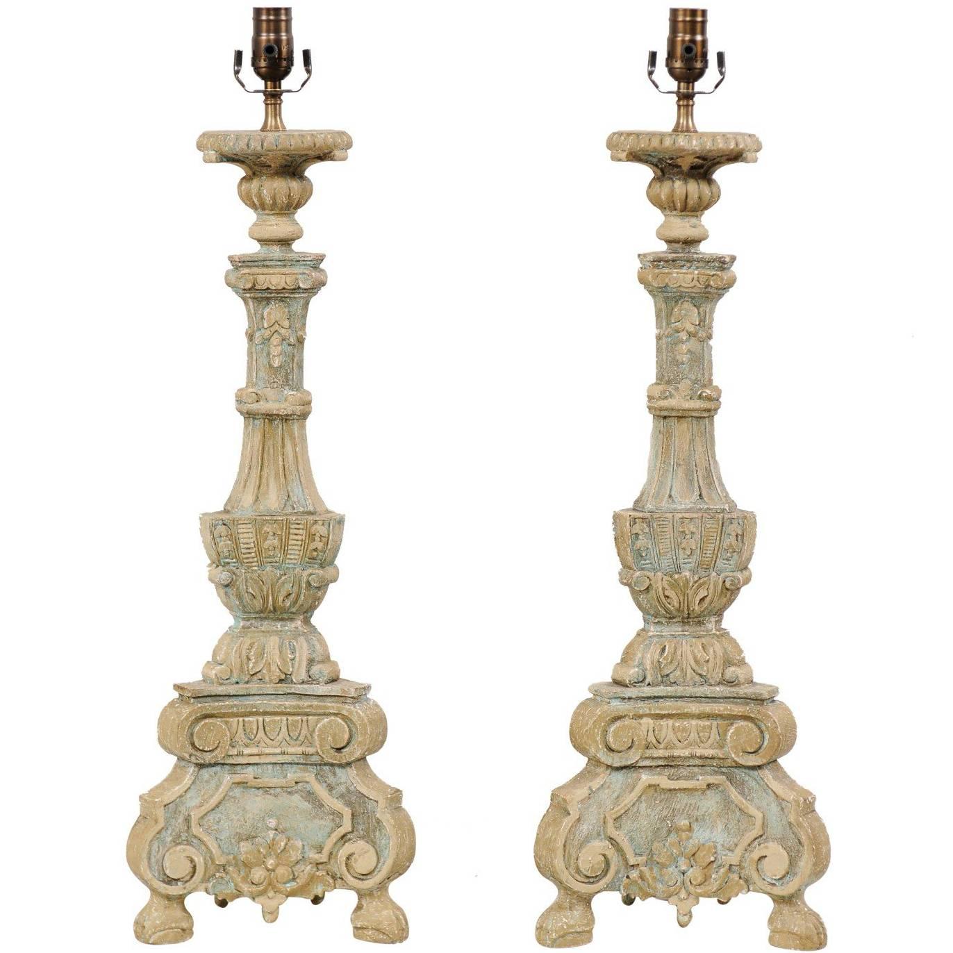 Pair of Italian Style Ornate Hand-Carved and Painted Tall Table Lamps