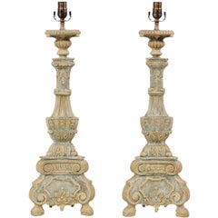 Pair of Italian Style Ornate Hand-Carved and Painted Tall Table Lamps