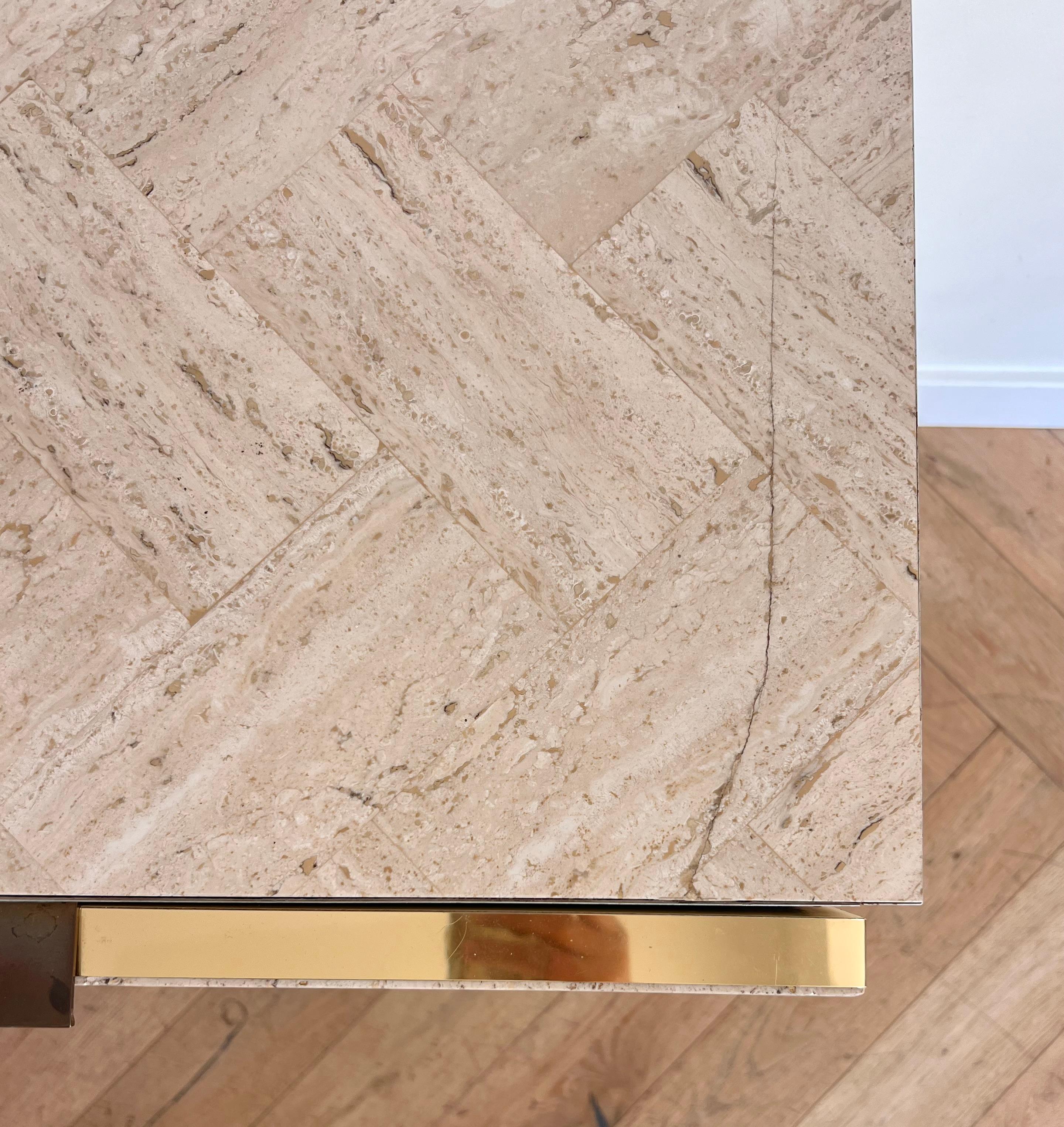 A pair of Italian travertine nightstands with brass accents by Ello, circa 1970 5