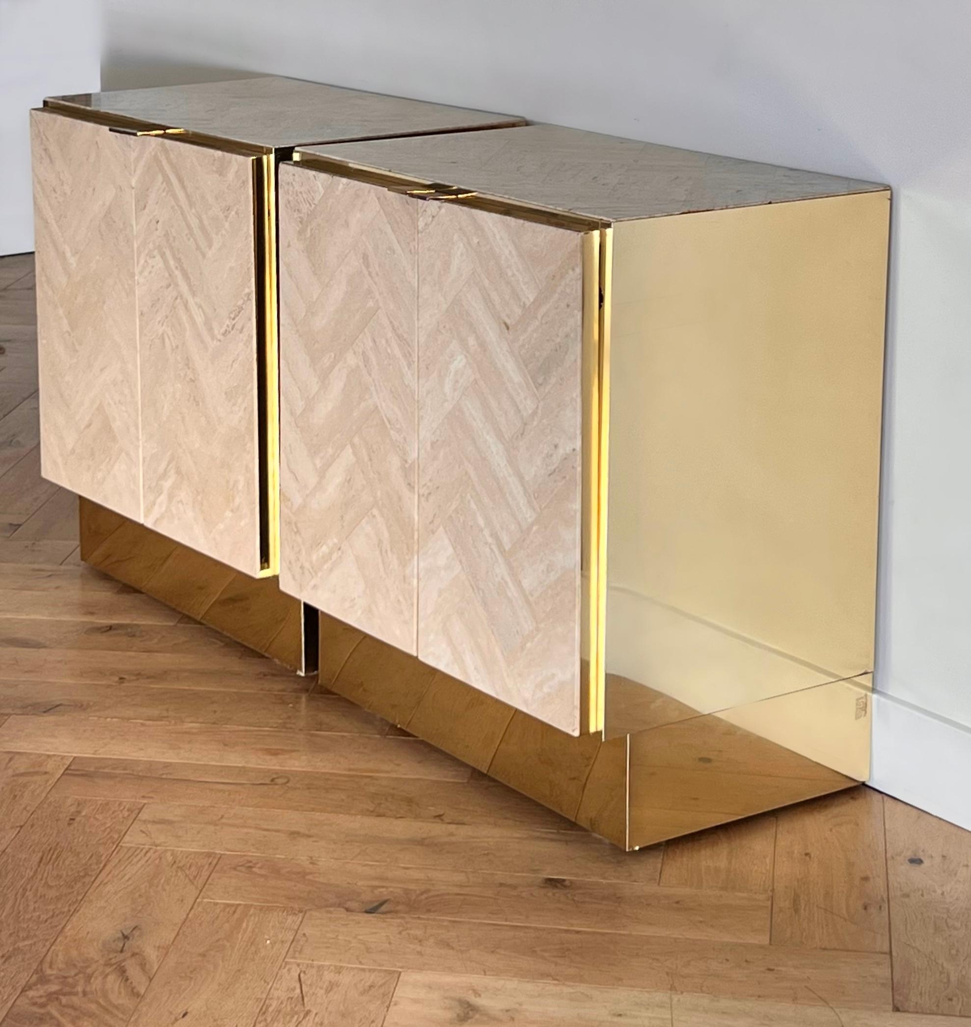 A pair of Italian travertine nightstands with brass accents by Ello, circa 1970 7
