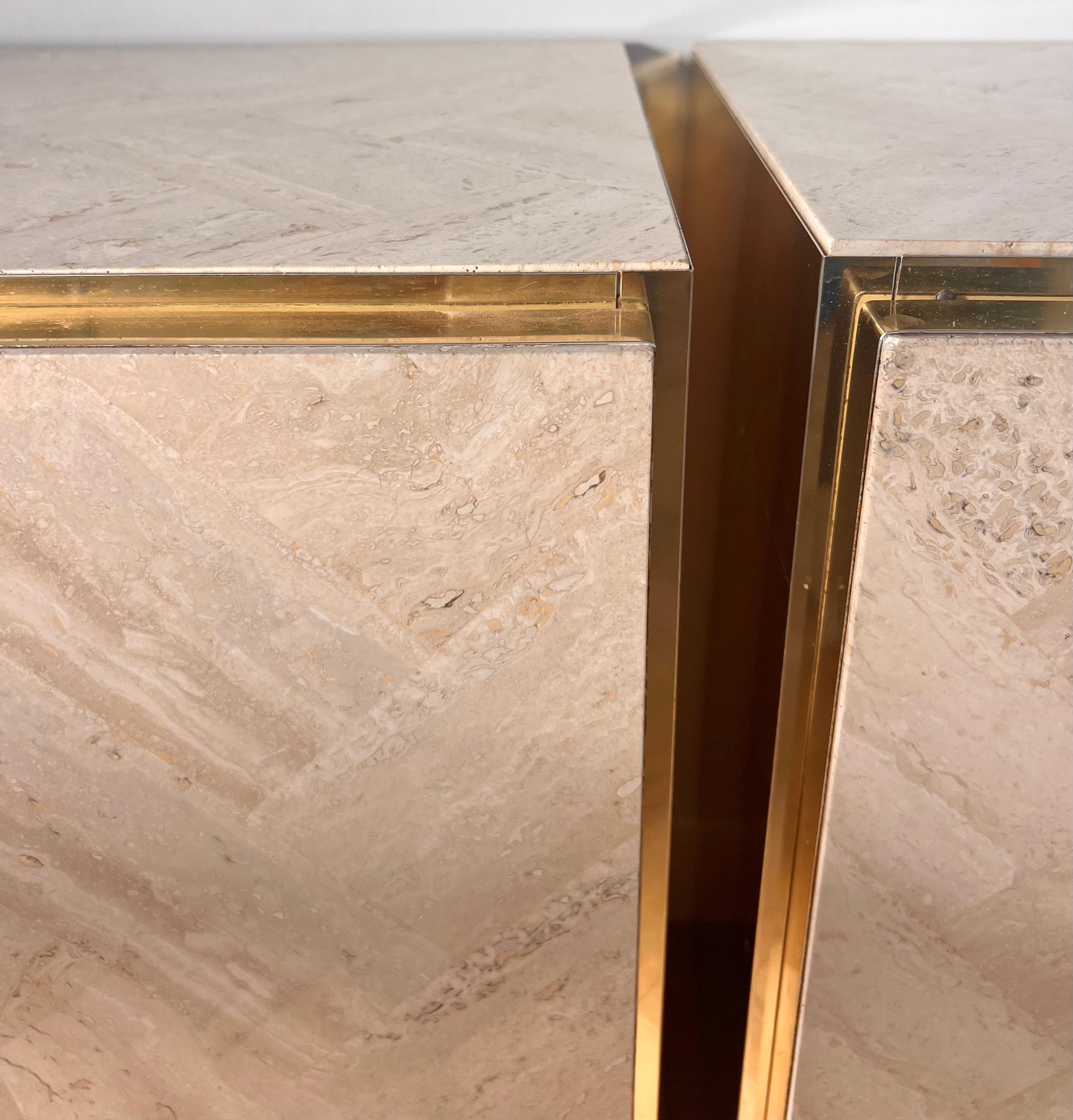 A pair of Italian travertine nightstands with brass accents by Ello, circa 1970 8