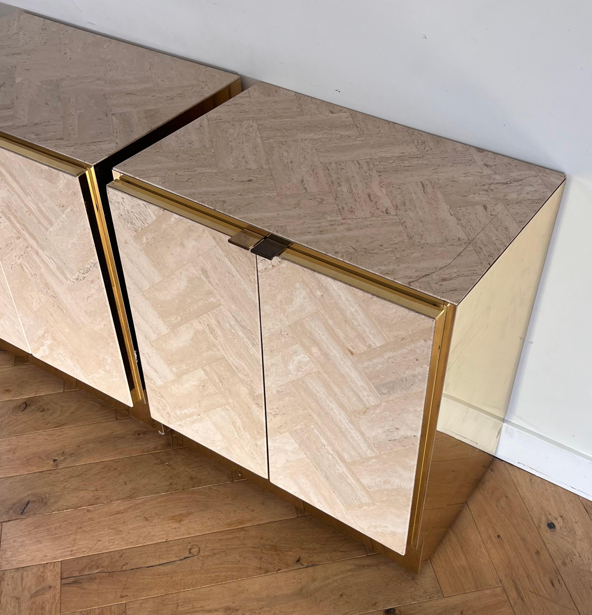 A pair of Italian travertine nightstands with brass accents by Ello, circa 1970 12