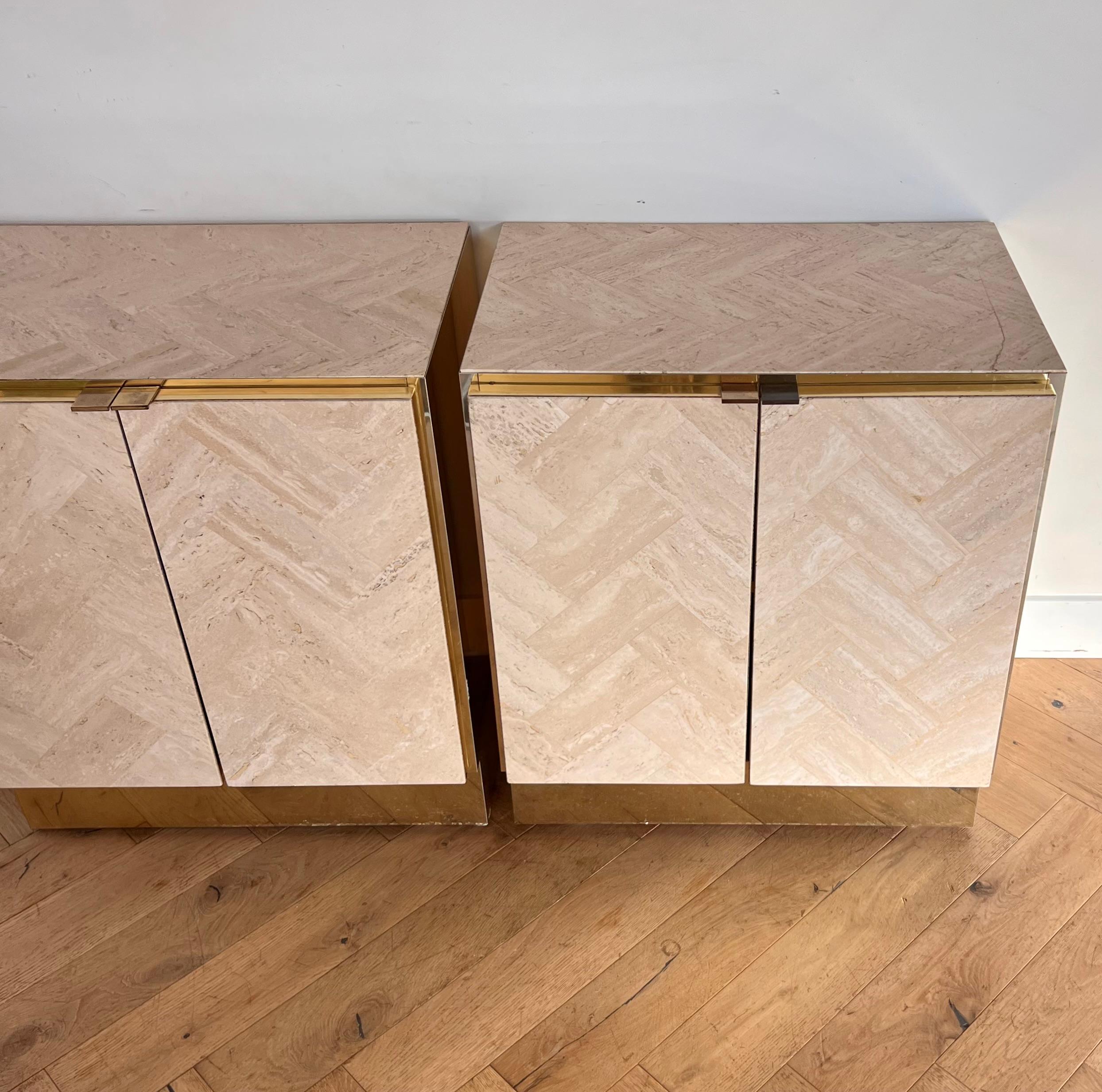 A pair of Italian travertine nightstands with brass accents by Ello, circa 1970 13