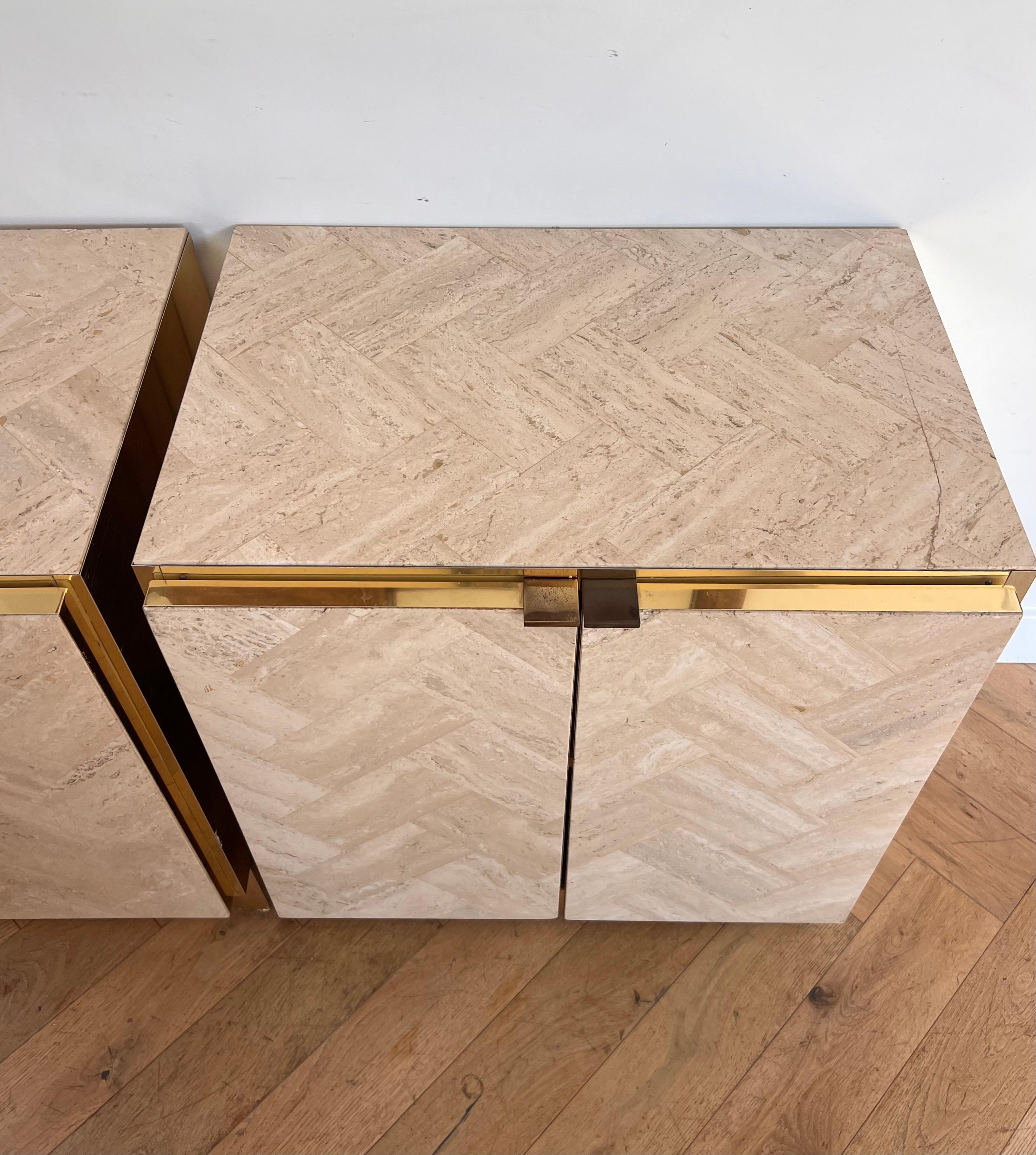 20th Century A pair of Italian travertine nightstands with brass accents by Ello, circa 1970