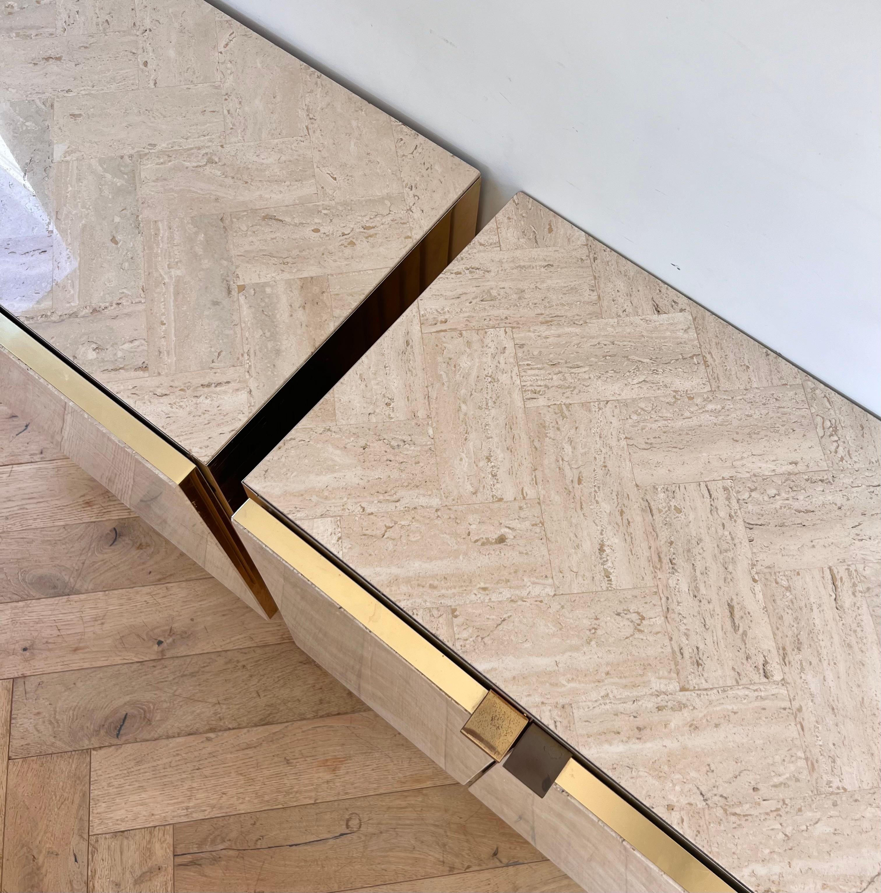 Brass A pair of Italian travertine nightstands with brass accents by Ello, circa 1970