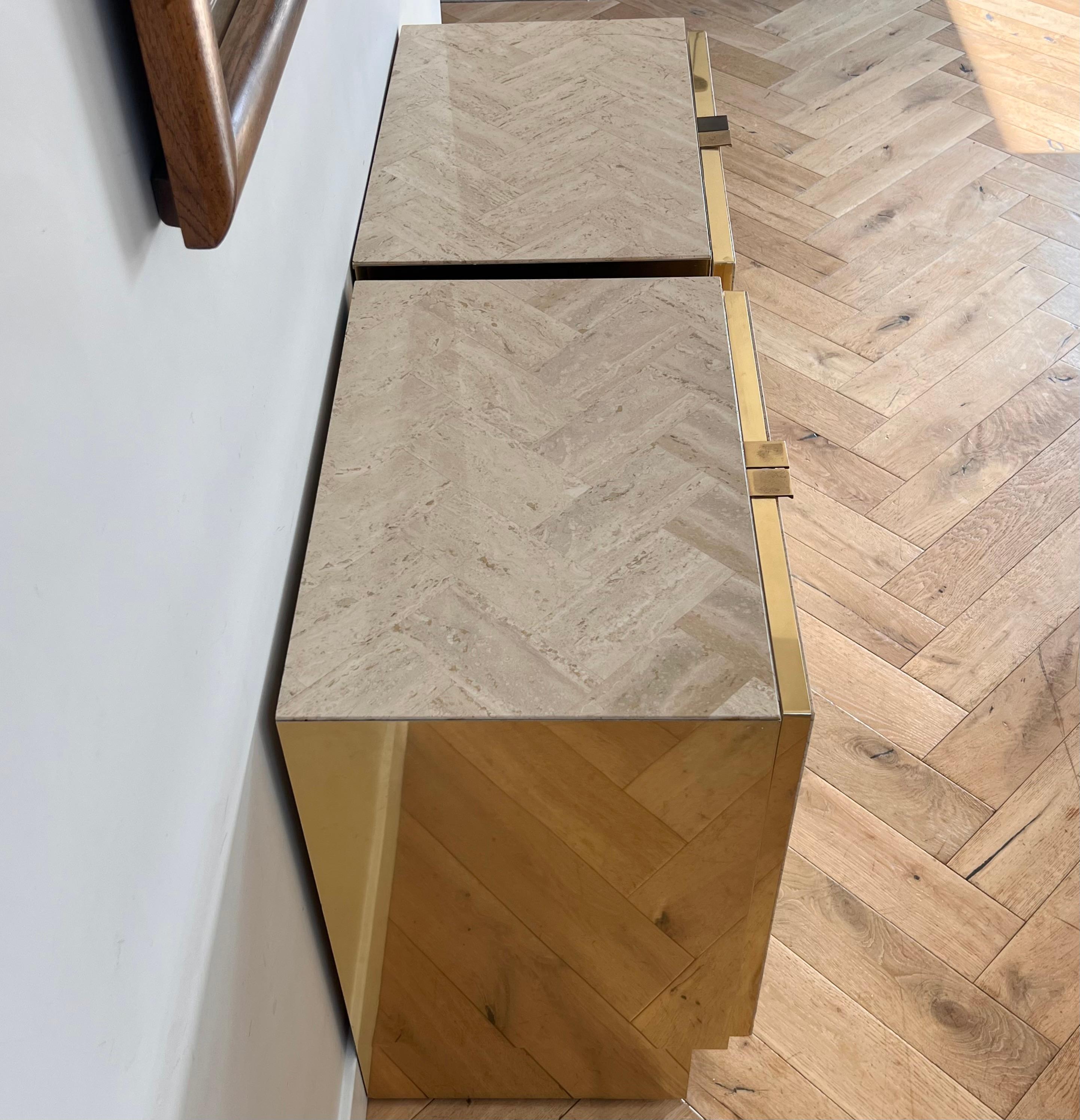 A pair of Italian travertine nightstands with brass accents by Ello, circa 1970 1