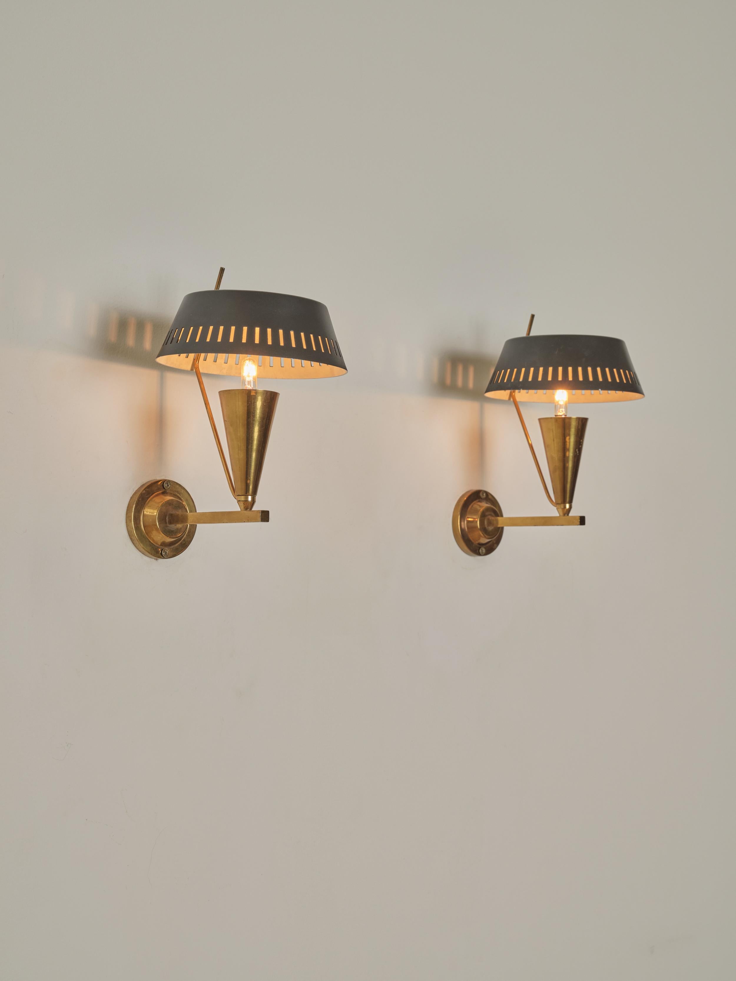 A Pair of Italian Tubular Wall Sconces with painted black metal and brass hardware.

