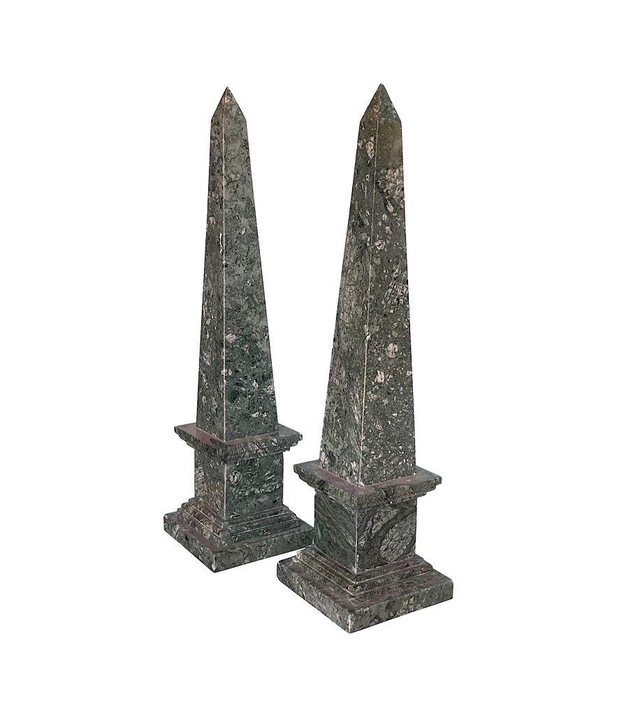 20th Century A pair of Italian Verde Indio green marble obelisks For Sale