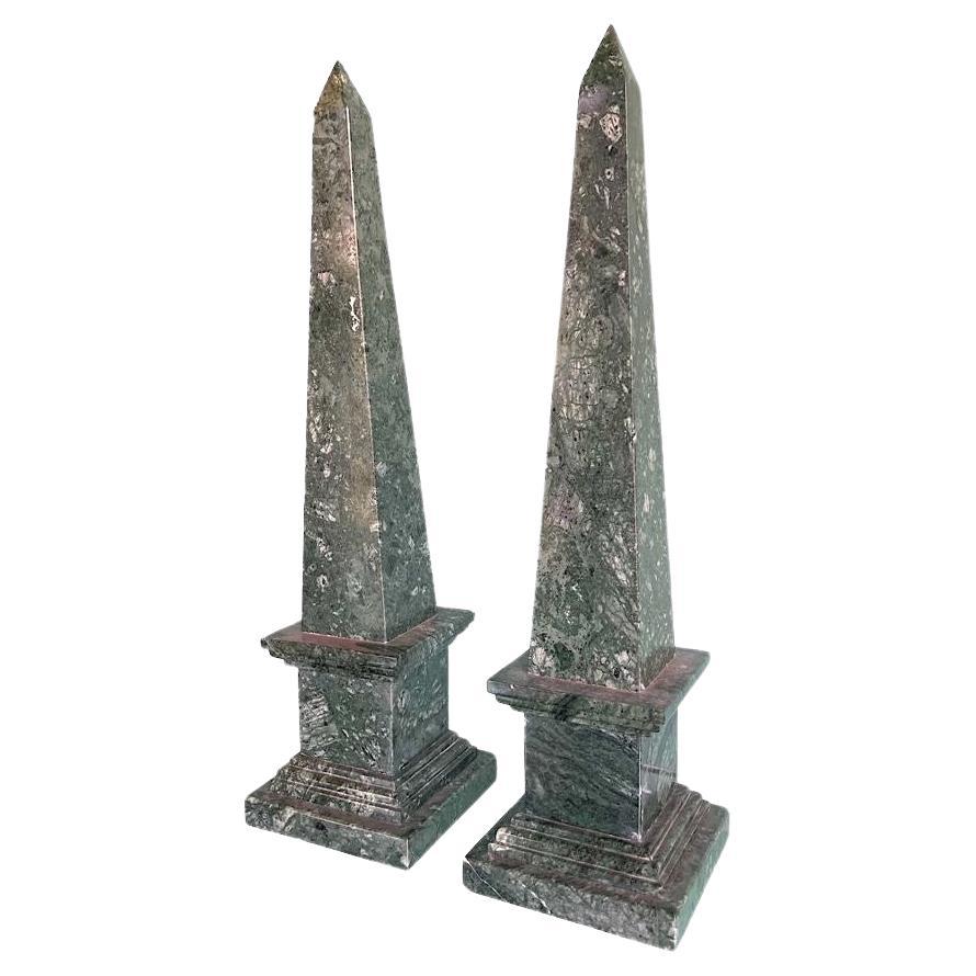 A pair of Italian Verde Indio green marble obelisks For Sale