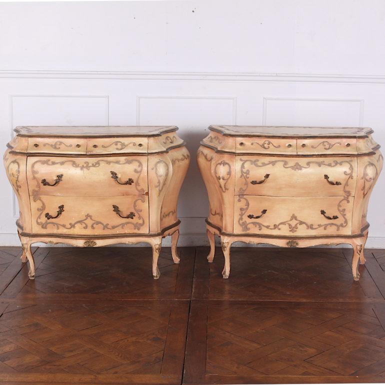 Wood Pair of Italian Vintage Painted Bombe Commodes